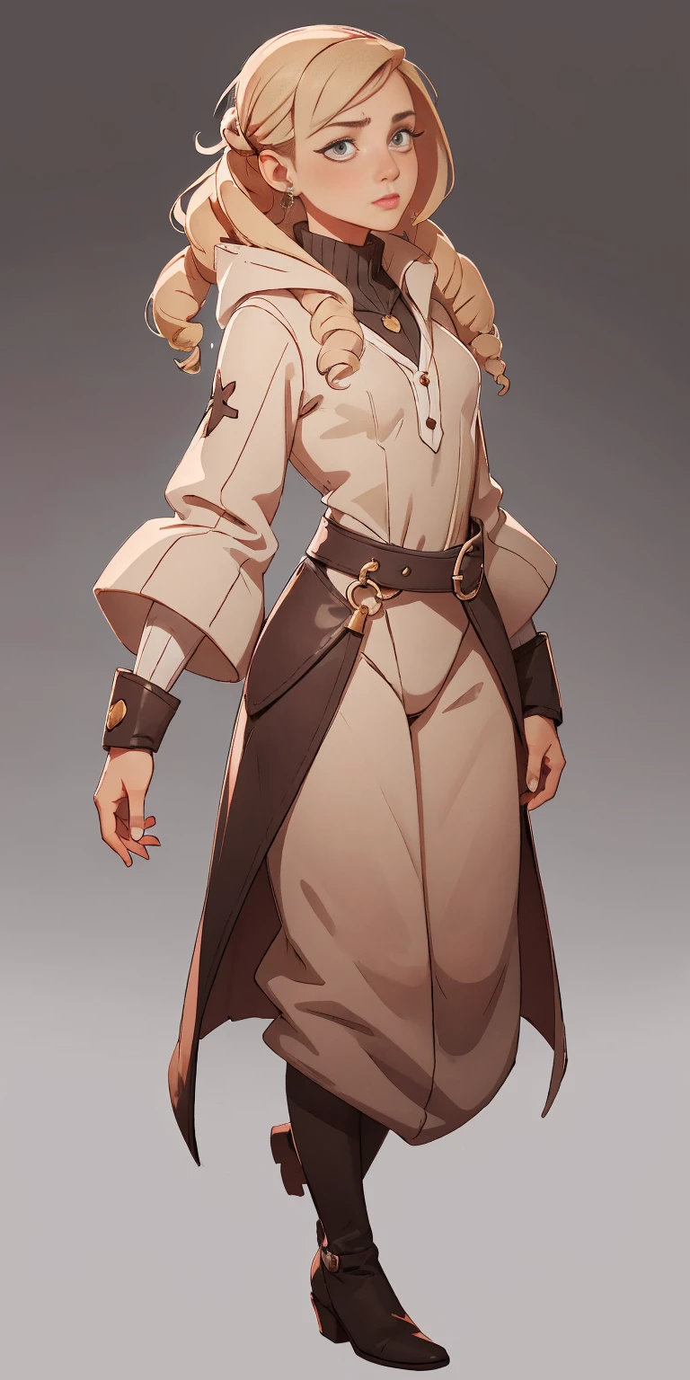 mstoconcept art, european and american cartoons, game character design, solo, 1girl, MAGICIAN, FEMALE FOCUS, GRAY BACKGROUND, WIZARD, FULL BODY, STANDING, HOOD, ROBE, MILF, JEWELRY, LONG BLONDE HAIR, BRACELET, WIDE SLEEVES, WOMAN, BELT, GEMSTONE, LONG SLEEVES, FEMALE VERSION