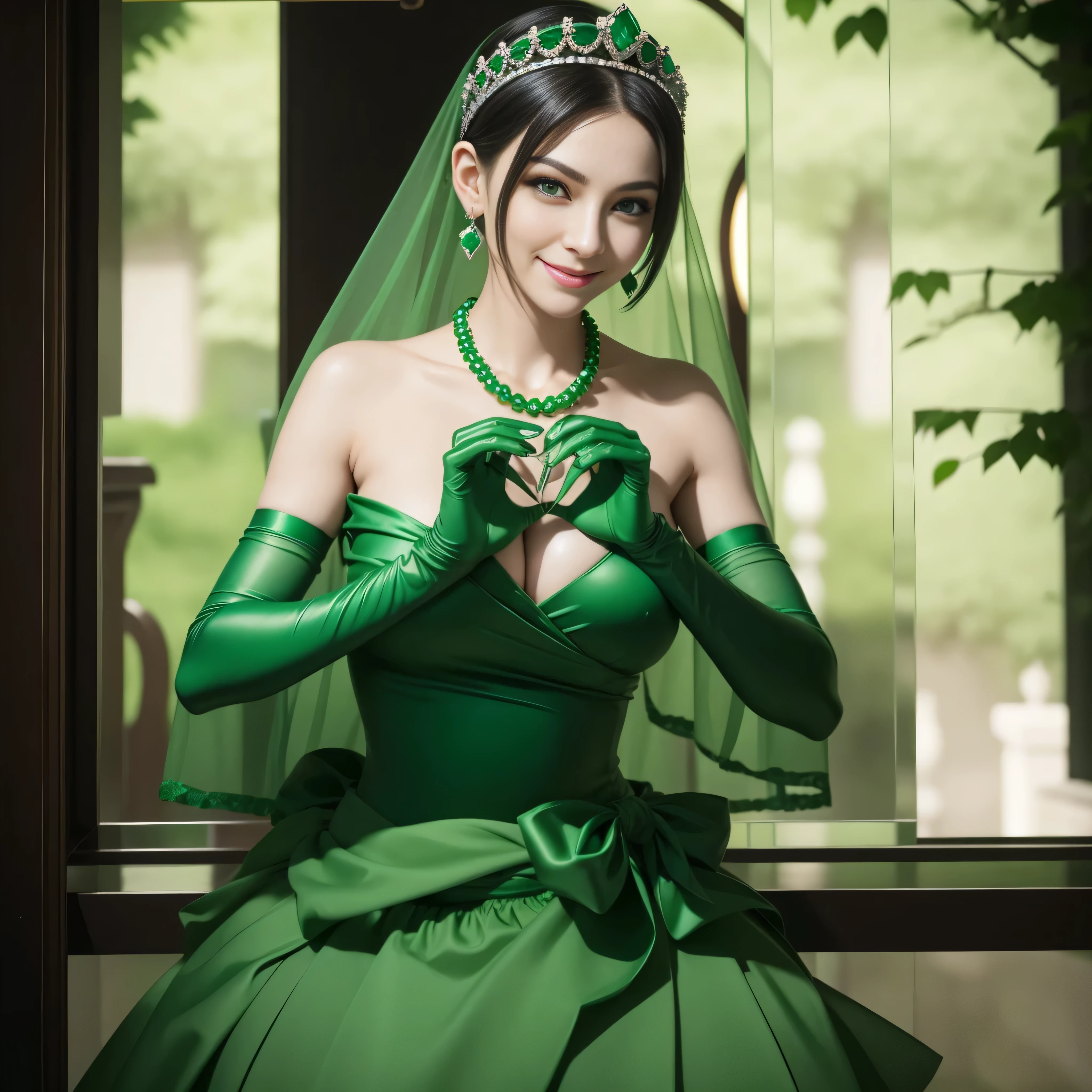 emerald tiara, Green Pearl Necklace, Boyish very short green hair, lipsticks, Japan woman smiling, very short short hair, big breasts beautiful, Green eyes, Long green gloves made of satin material, Green eyes, Emerald Earrings, green vale, 両Heart in the hand, Heart in the hand, Pregnancy, Pregnant Woman