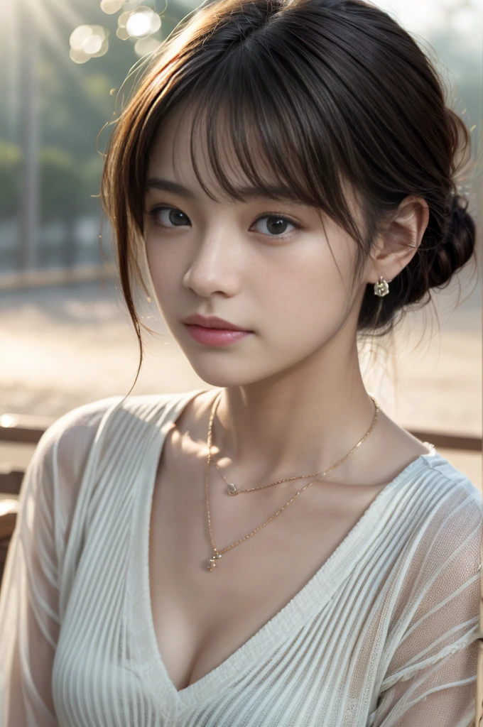 (Photoreal Stick:1.5, masutepiece:1.5, 8K), (top-quality, masterpiece, 超A high resolution), ((fog the lens:1.5)), ((reflect light onto the lens:1.5)), ((Shoot with blur:1.6)), (The woman looks hazy because of the bright light.:1.7, The whole thing looks white and hazy:1.7), (sunrises, Sunlight coming in from behind:1.5, The sunlight of the morning sun spreads across the screen:1.5), Face Sharp Focus:1.3, Professional camera work:1.3, Highly detailed skin and facial texture:1.3, Grow Light Effect, The ultra-detailliert:1.3, 1girl in, Fair skin, (Sense of clarity:1.4, a small face), Extremely beautiful face:1.5, (Sense of clarityを感じる目:0.9, looking distantly), Enraptured look:1.0, i love you completely:0.8, (Slightly open mouth:0.4, Sense of clarityを感じる口当たり:0.7), 二重まぶた, Dark brown medium hair, necklace and earrings