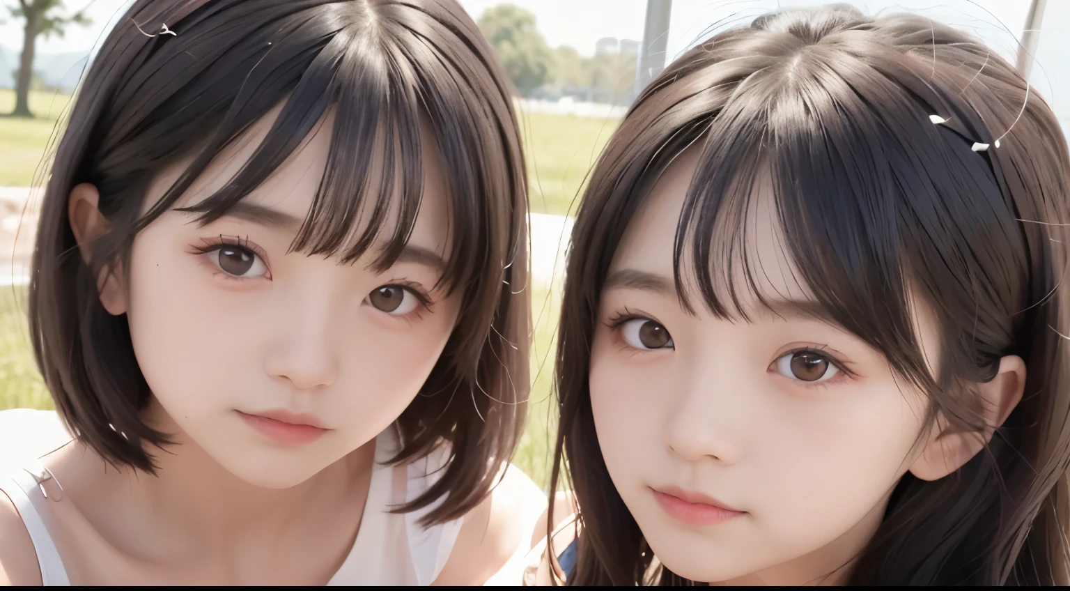 Twins 2 girls，Age 3 years，Same height，Looks the same，long eyelasher，large black eyes，Short black bangs，skin detailed，Hand detail，Wearing a polka-dot dress of the same color，The background is camping，natural soft light，Smile sweetly，超高分辨率，Augmented reality 1.4 times，hyper HD