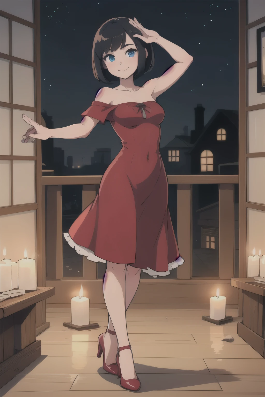 ((best quality)), ((masterpiece)), (detailed), perfect face, 1 girl, solo, teenager, black hair, bob cut, bob hair, blue eyes, smile, in a flamenco dress, off the shoulder dress, red dress, a longer body, teenager, bare shoulders, and being so beautiful, red high heel shoes, dancing in the village, at night time at a town, with candles burning on the floor, in 2D illustration, 2D art style, A flamenco pose, hands in the air, armpits