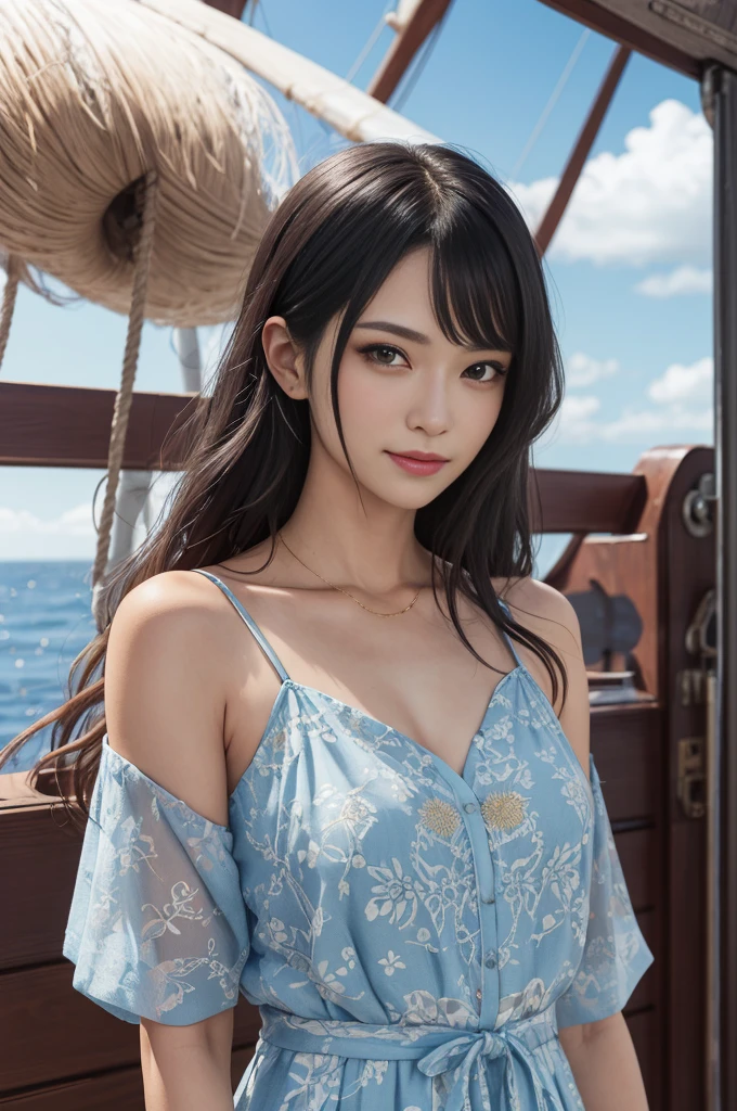 (Realistic portrait,bokeh,portrait:1.1),Boa Hancock from One Piece,standing on the ship's deck,very beautiful woman,exquisite facial features,perfect and proportional body,body lit by soft sunlight,intricate details on clothing and accessories,golden hair flowing in the wind,vivid colors,sharp focus on the eyes and lips,sexy yet elegant,charming expression,sense of confidence and strength in her posture,slight smile on her lips,background includes clear blue sky and ocean,ship's deck decorated with intricate patterns and carvings,toyone[1.1] byakuya from bleach[1.1] by toshirou[kunai like] covering both of her[1.2] labels:attention is highly detailed.