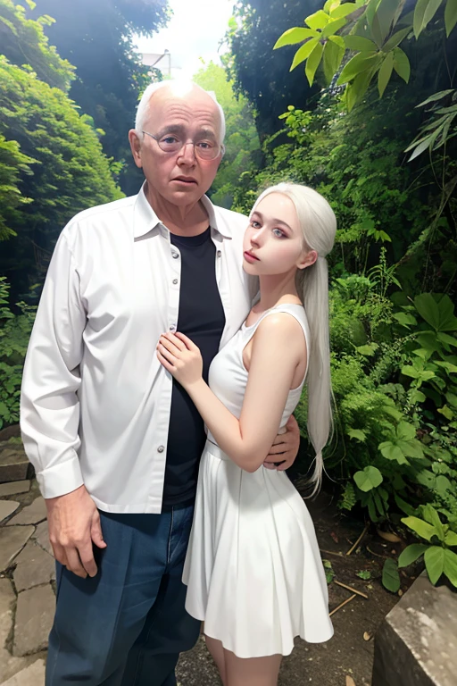 A girl with white skin is with an old man, the girl longs to hug the old man, a garota beija o homem velho, a garota com seios grandes e cintura fina, o top sem umbigo, a minissaia