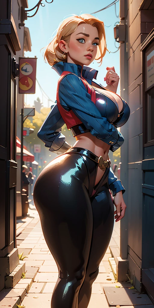 unparalleled masterpiece, ultra realistic 8k CG, perfect artwork, (1girl:1.1) , solo, ((perfect female figure)), (nsfw), looking at viewer, mature female, bimbo (android 18) standing, (teasing), best quality:1.1 , seductive posture, sexy pose, alluring, (beautiful), (curvy), (thick), blonde hair, (blue eyes:1.2), short hair, earrings, jewelry, denim vest, open vest, black pantyhose, black shirt, denim skirt, striped long sleeves, blue skirt, toned legs, fit, (abs:1.1), (big butt:1.4), peach ass, (athletic body:1.2), (large breasts:1.3, (big_breasts:1.1), wide_hips:1.5, narrow waist, small waist:1.5, slender body:1.2, thick thighs:1.3), (shiny skin:1.2), (hdr), (street:1.2), Nikon D850 film stock photograph Kodak Portra 400 camera f1.6 lens, rich colors, lifelike texture, dramatic lighting, unreal engine, trending on ArtStation, by Gerald Brom, by Frank Frazetta, by Luis Royo, by Julie Bell, by Boris Vallejo