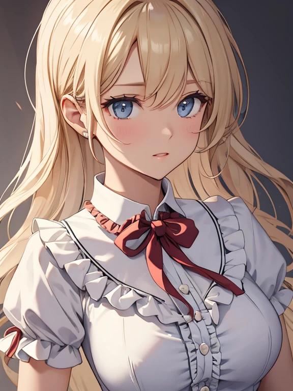 1woman, classy suit and dress shirt, (super delicate Ruffle tie with lots of frills :1.6) , blonde updo, resolute look, medium large breast, ultra detailed face, beautiful, charming, flashy hair, ultra translucent skin, blushed cheek