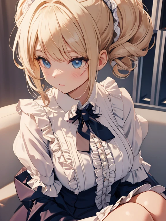 1woman, classy suit and dress shirt, (super delicate Ruffle tie with lots of lace :1.6) , blonde updo, resolute look, medium large breast, ultra detailed face, beautiful, charming, flashy hair, ultra translucent skin, blushed cheek