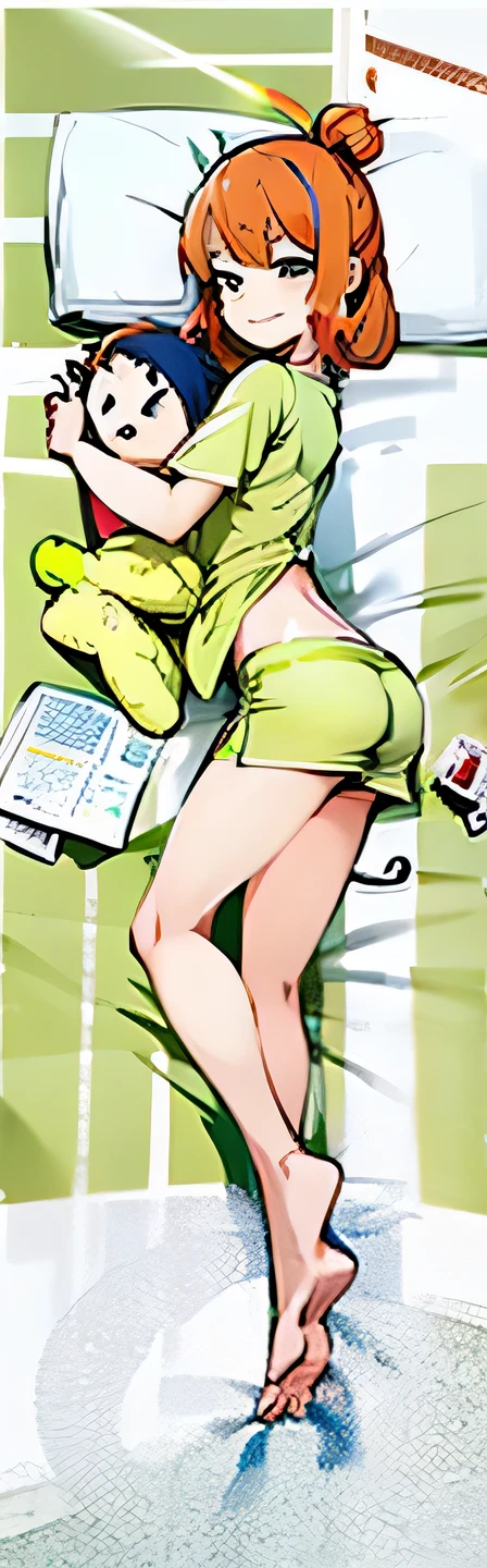 (flatcolors:1.3),(One color:1.3),(tmasterpiece:1.2),Best quality at best,A girl in bed, A happy expression appeared on her face, Hand holding cute cat shaped pillow. girl lying on side, fully visible in frame. She has an anime-style round hairstyle,oda'oda'There's another pillow on the bed next to her, The girl has orange hair,Wearing a cute pajama set. 图像应该是Best quality at best, 4k画质, Demonstrate ultra-detailed and realistic features. Known for its beautiful and beautiful illustrations.,The color tone should be warm and comfortable, The lighting is soft and soft,