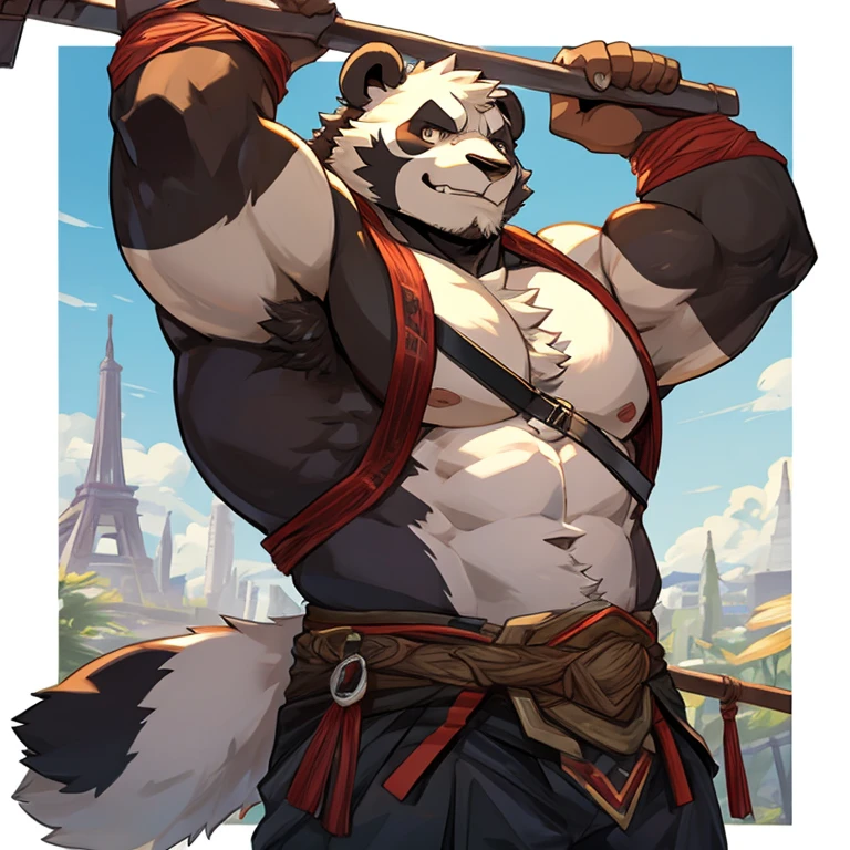 a panda,strong,Burly,Detailed character details,lifted up,tosen,The face is ferocious