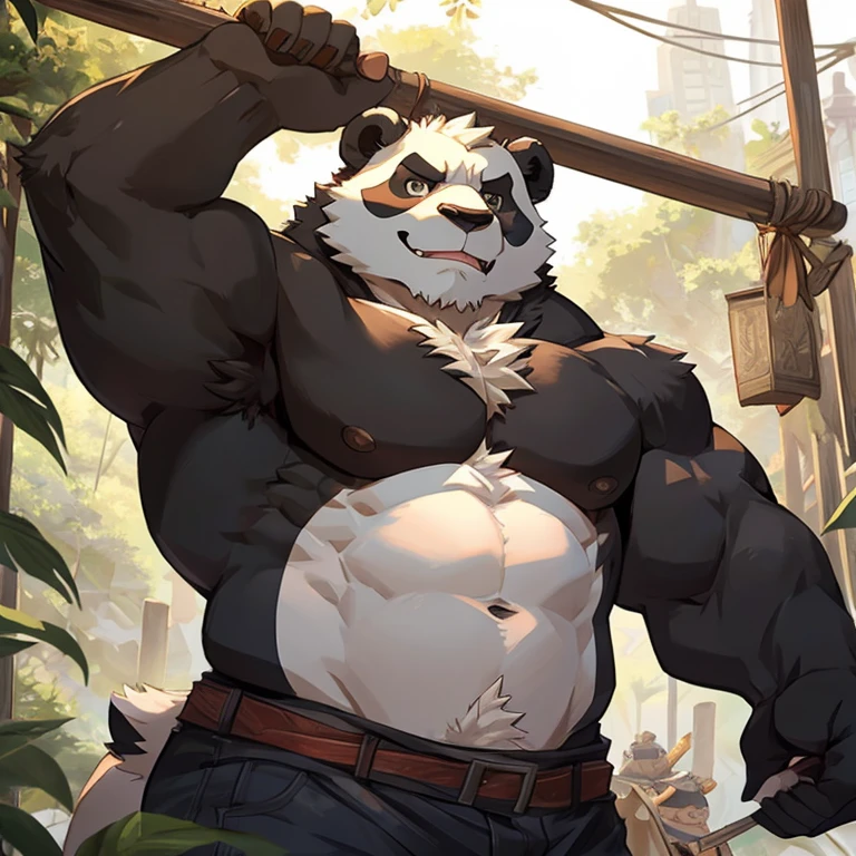 a panda,strong,Burly,Detailed character details,lifted up,tosen,The face is ferocious