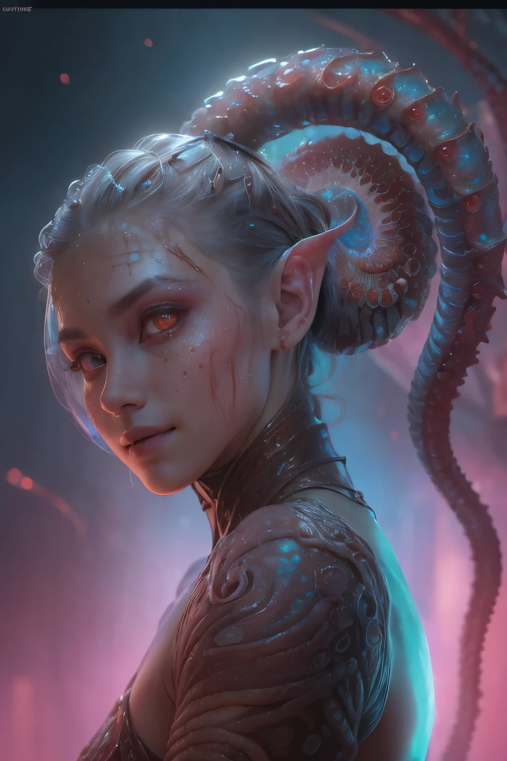 Portrait, (1 beautiful female alien:1.2),  (There is a female genital-like organ in the middle of the forehead:1.8), (The most beautiful face in the history of the universe:1.2), (Scarlet eyes that shine mysteriously:1.6), (Translucent skin:1.8), an evil gaze that seduces, (red eyes:1.5), (large mouth:1.1), sharp teeth like a shark, Full body like, (bio luminescent:1.2), (Smile wickedly:1.3),  (sexypose:1.5), alien, No humans, cells are fused, (Lots of translucent tentacles:1.1) (Translucent skin:1.3), extraterrestrial, cell, bio image, Best Quality, 8K,4K_quality, High Definition, Dramatic Lighting, masutepiece:1.5,cinematic quality, detail up, (Intricate details:1.2), High resolution, High Definition, drawing faithfully, (Thick eyebrows:1.2), Beautiful eyes with fine symmetry, (Ultra detailed eyes:1.2),(Highly detailed face and eyes:1.2), (High-resolution red-eye:1.4), Intimate face, (Super detailed skin quality feeling:1.4), Perfect Anatomy,  (Beautiful toned body:1.5),  (Moist skin:1.2), No makeup, (dark circles:1.1), long canines, cinematic drawing of characters, ultra high quality model, cinematic quality, detail up, (Intricate details:1.2), High resolution, High Definition, drawing faithfully, Official art, Unity 8K wall  , 8K Portrait, Best Quality, Very High resolution, ultra detailed artistic photography, midnight aura,  unreal enginee 5, Ultra Sharp Focus, art by alberto seveso, ArtGerm, Roisch, intricate artwork, best quality, masutepiece, ultra High resolution, (photos realistic:1.4), Ultra-realistic realism, dream-like,  nautilus, Creation of fantasy, Snail, Dream Snail,  (biopunk nautilus:1.3), Thrilling color schemes， Ultra-realistic realism， seductively smiling, Blue tentacles