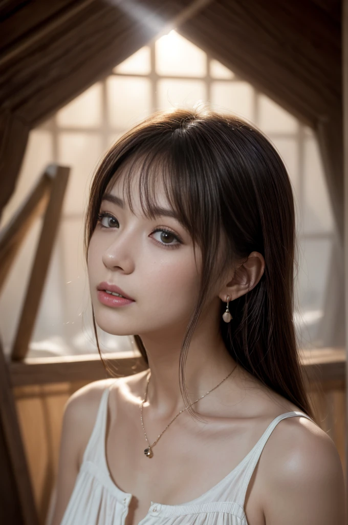 (Photoreal Stick:1.5, masutepiece:1.5, 8K), (top-quality, masterpiece, 超A high resolution), ((fog the lens:1.5)), ((reflect light onto the lens:1.5)), ((Shoot with blur:1.6)), ((The woman looks hazy because of the bright light.:1.7, The whole thing looks white and hazy:1.7)), (sunrises, Sunlight coming in from behind:1.5, The sunlight of the morning sun spreads across the screen:1.5), Face Sharp Focus:1.3, Professional camera work:1.3, Highly detailed skin and facial texture:1.3, Grow Light Effect, The ultra-detailliert:1.3, 1girl in, Fair skin, (Sense of clarity:1.4, a small face), Extremely beautiful face:1.5, (Sense of clarityを感じる目:0.9, looking distantly), Enraptured look:1.0, i love you completely:0.8, (Slightly open mouth:0.4, Sense of clarityを感じる口当たり:0.7), 二重まぶた, Dark brown medium hair, necklace and earrings