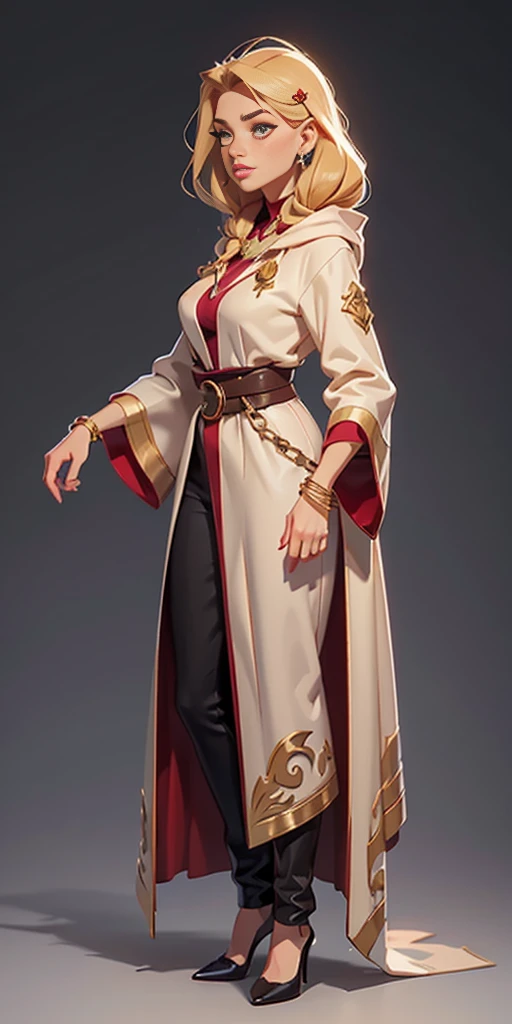 mstoconcept art, european and american cartoons, game character design, solo, 1girl, MAGICIAN, FEMALE FOCUS, GRAY BACKGROUND, WIZARD, FULL BODY, STANDING, HOOD, ROBE, MILF, JEWELRY, LONG BLONDE HAIR, BRACELET, WIDE SLEEVES, WOMAN, BELT, GEMSTONE, LONG SLEEVES, FEMALE VERSION
