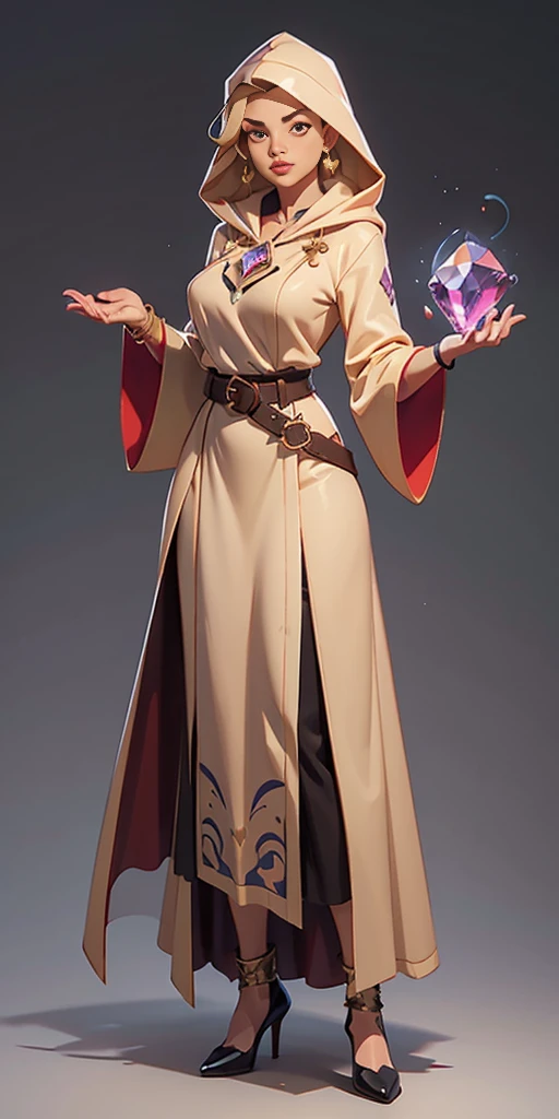 mstoconcept art, european and american cartoons, game character design, solo, 1girl, MAGICIAN, FEMALE FOCUS, GRAY BACKGROUND, WIZARD, FULL BODY, STANDING, HOOD, ROBE, MILF, JEWELRY, LONG BLONDE HAIR, BRACELET, WIDE SLEEVES, WOMAN, BELT, GEMSTONE, LONG SLEEVES, FEMALE VERSION