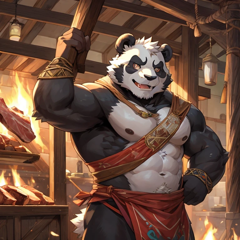 a panda,strong,Burly,Detailed character details,lifted up,tosen,The face is ferocious