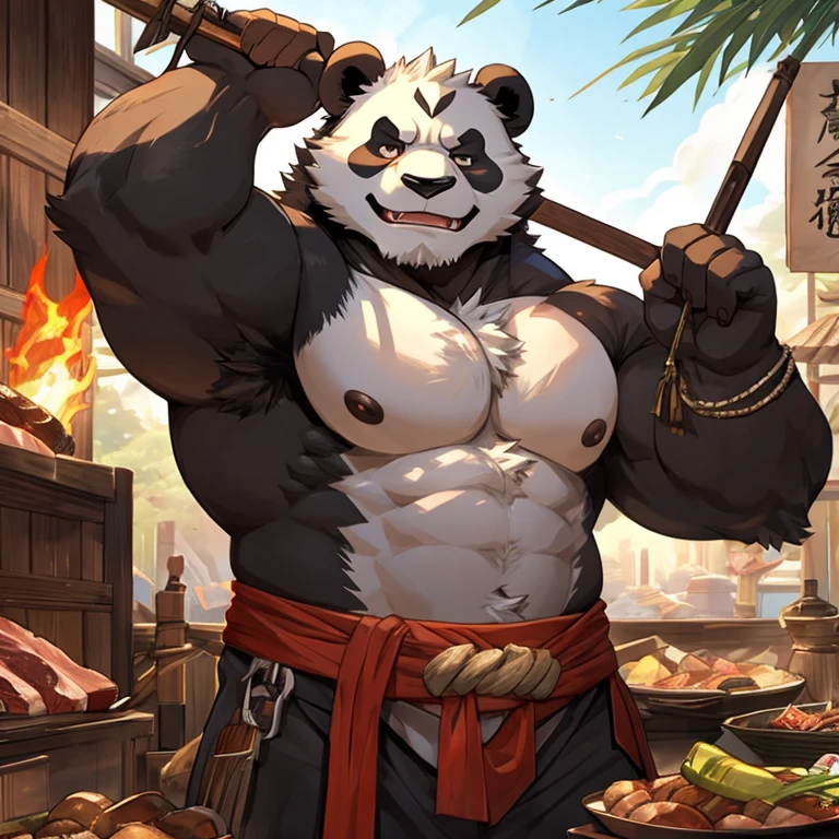 a panda,Burly,Detailed character details,Meat balls,lifted up,tosen,The face is ferocious