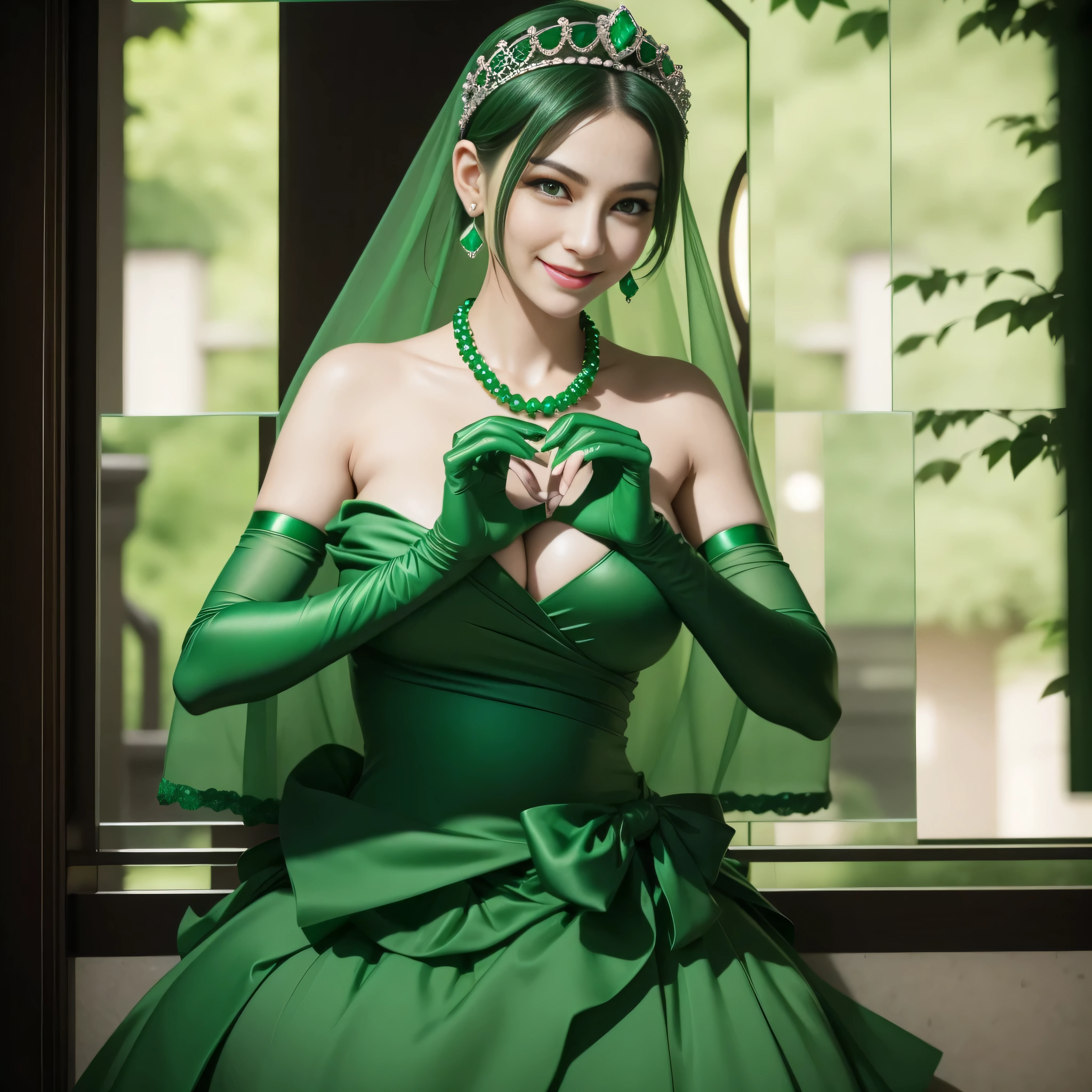 emerald tiara, Green Pearl Necklace, Boyish very short green hair, lipsticks, Japan woman smiling, very short short hair, big breasts beautiful, Green eyes, Long green gloves made of satin material, Green eyes, Emerald Earrings, green vale, 両Heart in the hand, Heart in the hand, Pregnancy, Pregnant Woman