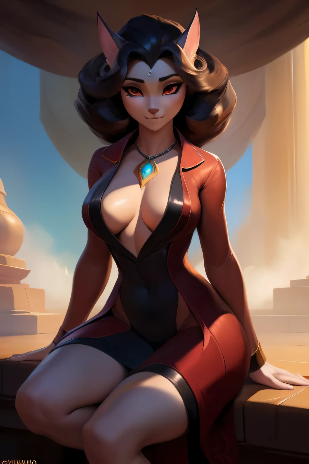 4k, high resolution, melhor qualidade, master part, cores perfeitas, sombras perfeitas, beautiful and detailed retrato of a (((Feminino))), perfect lighting, Postado em E621, (por chunie, por Einshelm), peludo, antro, peludo art, ((retrato)), Female Wolf, (Pelo de dois tons), peludo body, White arms at the elbows, black legs from foot to knee,Felpudo, Felpudo tail, pelo do corpo, nariz de animal, focinho, Big Felpudo chest tuft, big Felpudo neck tuft,Felpudo neck, Felpudo chest , Muita penugem,Olhos rosa bonitos, (rosto sedutor:1.2), corpo em forma, Pelo detalhado, Rosto detalhado, ((Bonifasko lighting)), Rabo de Raposa, (Olhos detalhados), alunos perfeitos, alto, cabelos ruivos curto, quadris largos, pernas grandes, Copo C Seios, fluffy neck, Cauda enorme da raposa, saia curta preta, blazer dourado, usando um vestido vermelho, botas de salto alto,