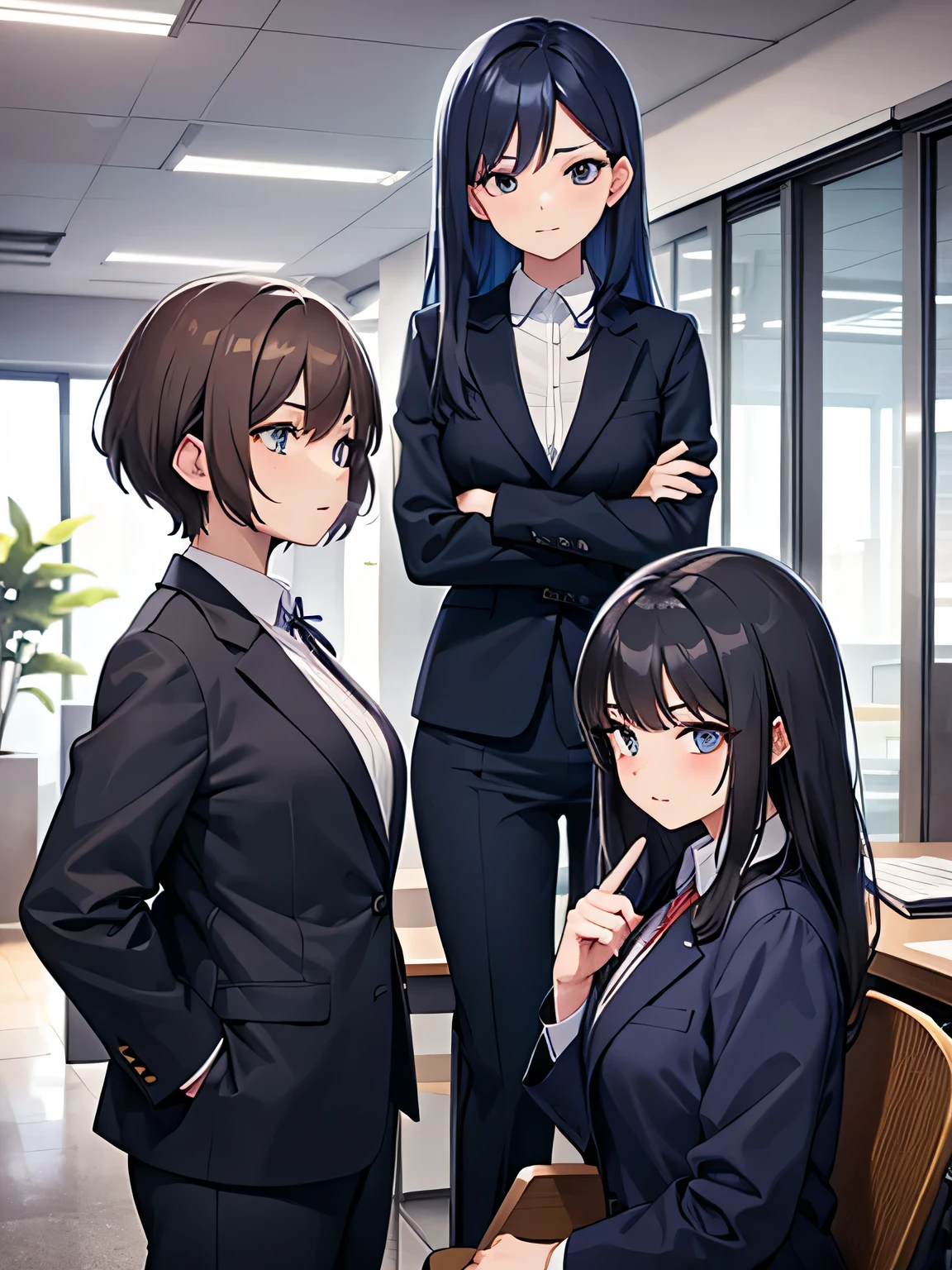 Three office ladies compete for one man.。The three women are wearing casual clothes..。three women looking at a man。The man is wearing a suit and looks nervous..。The location is the office。