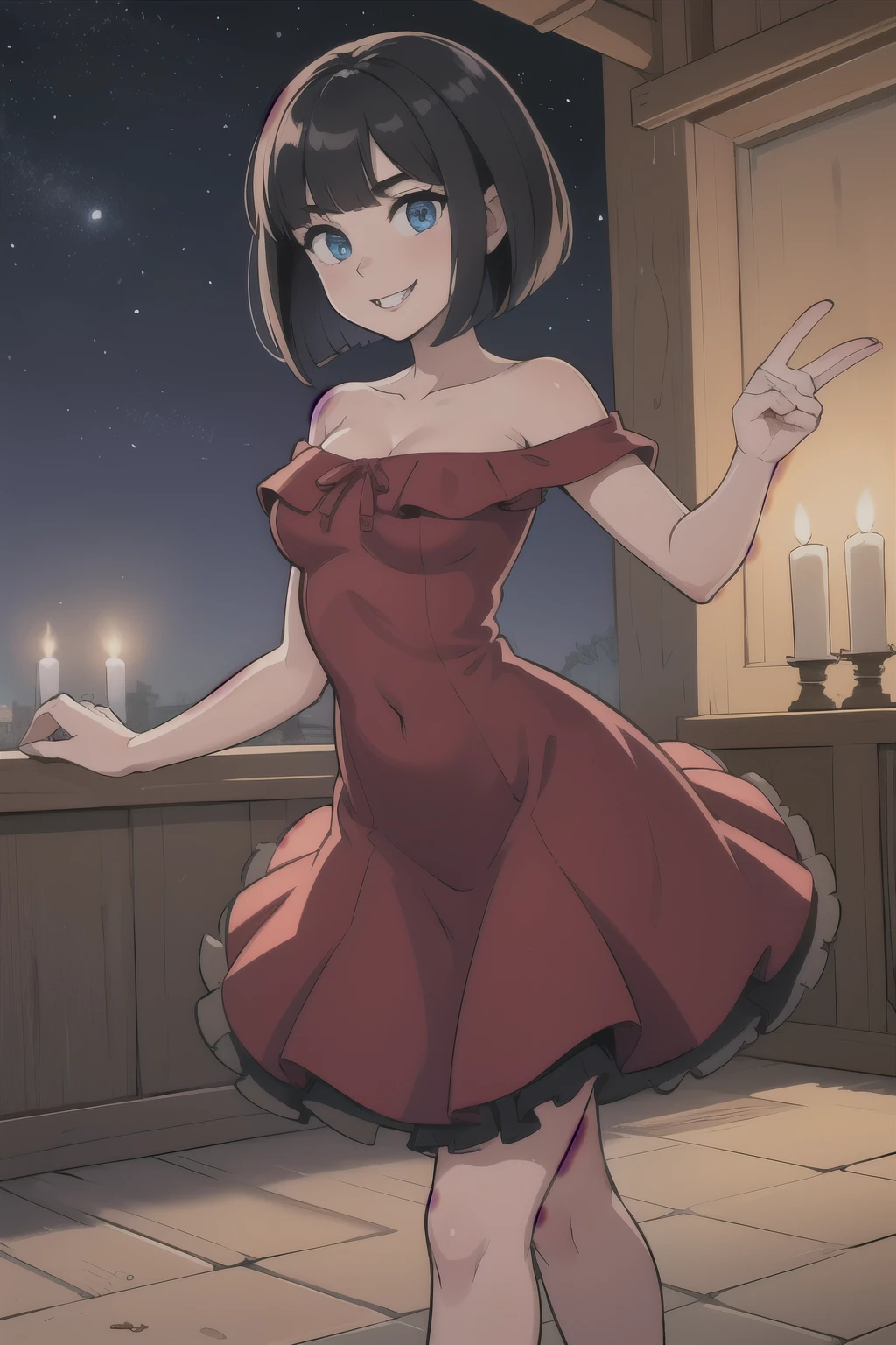 ((best quality)), ((masterpiece)), (detailed), perfect face, 1 girl, solo, teenager, black hair, bob cut, bob hair, blue eyes, smile, in a flamenco dress, off the shoulder dress, red dress, a longer body, teenager, bare shoulders, and being so beautiful, close up, dancing in the village, at night time at a town, with candles burning on the floor, in 2D illustration, 2D art style, A flamenco pose, hands in the air, armpits