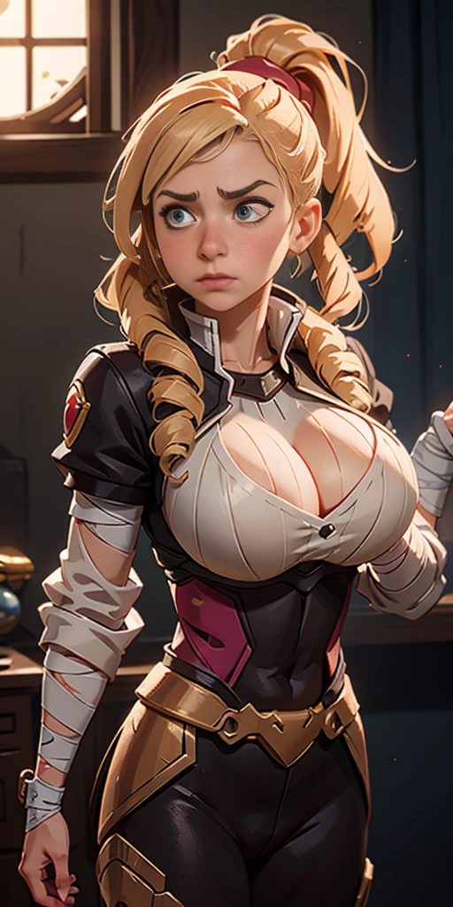 (Ino Yamanaka), blue eyes, long hair, blonde, which is always seen in a ponytail, hair with bangs, formerly small, covering much of her face, muscular, messy hair, huge breasts, standing up, sarashi white breast, sarashi, underboob, breasts bandages, arm bandages (insanely detailed, beautiful detailed face, masterpiece, best quality) volumetric lighting, tone mapping, (looking disgusted), konosuba, (((no errors))), ((well detailed)), (((extremely well done)))