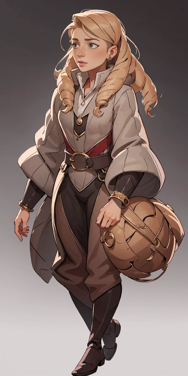 mstoconcept art, european and american cartoons, game character design, solo, 1girl, MAGICIAN, FEMALE FOCUS, GRAY BACKGROUND, WIZARD, FULL BODY, STANDING, HOOD, ROBE, MILF, JEWELRY, LONG BLONDE HAIR, BRACELET, WIDE SLEEVES, WOMAN, BELT, GEMSTONE, LONG SLEEVES, FEMALE VERSION