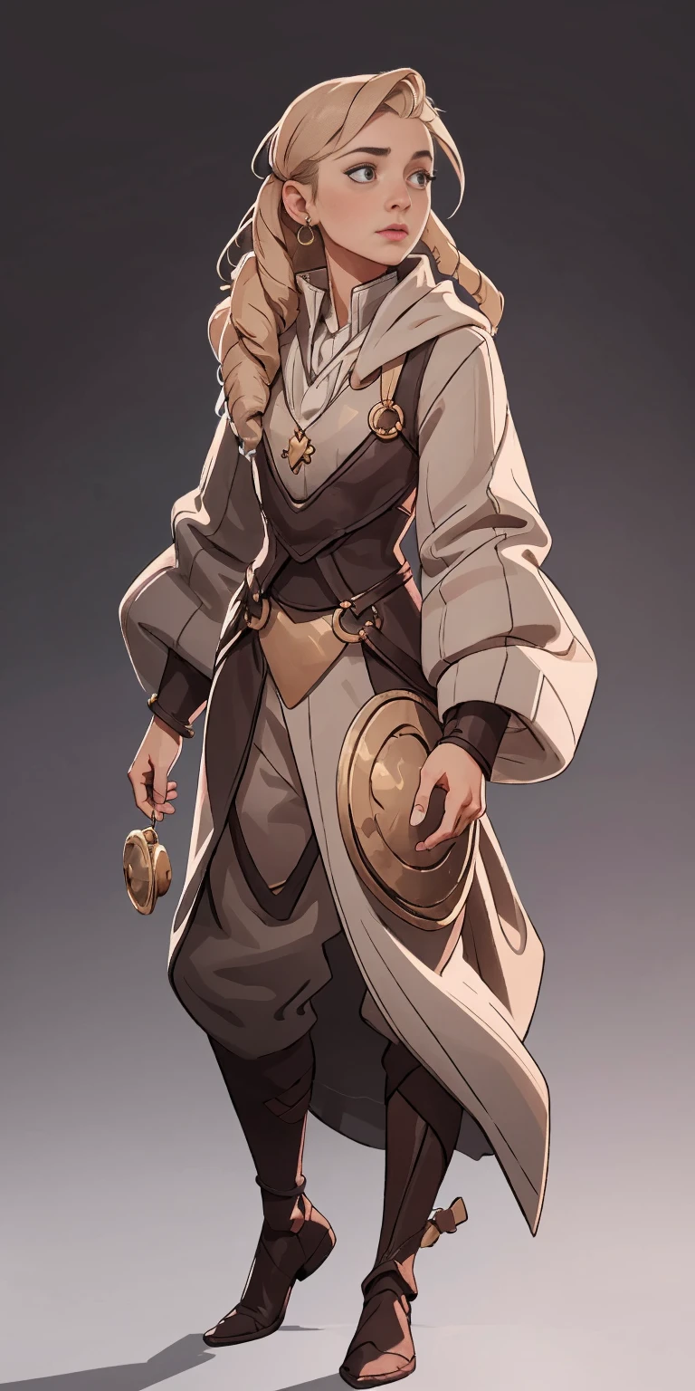 mstoconcept art, european and american cartoons, game character design, solo, 1girl, MAGICIAN, FEMALE FOCUS, GRAY BACKGROUND, WIZARD, FULL BODY, STANDING, HOOD, ROBE, MILF, JEWELRY, LONG BLONDE HAIR, BRACELET, WIDE SLEEVES, WOMAN, BELT, GEMSTONE, LONG SLEEVES, FEMALE VERSION