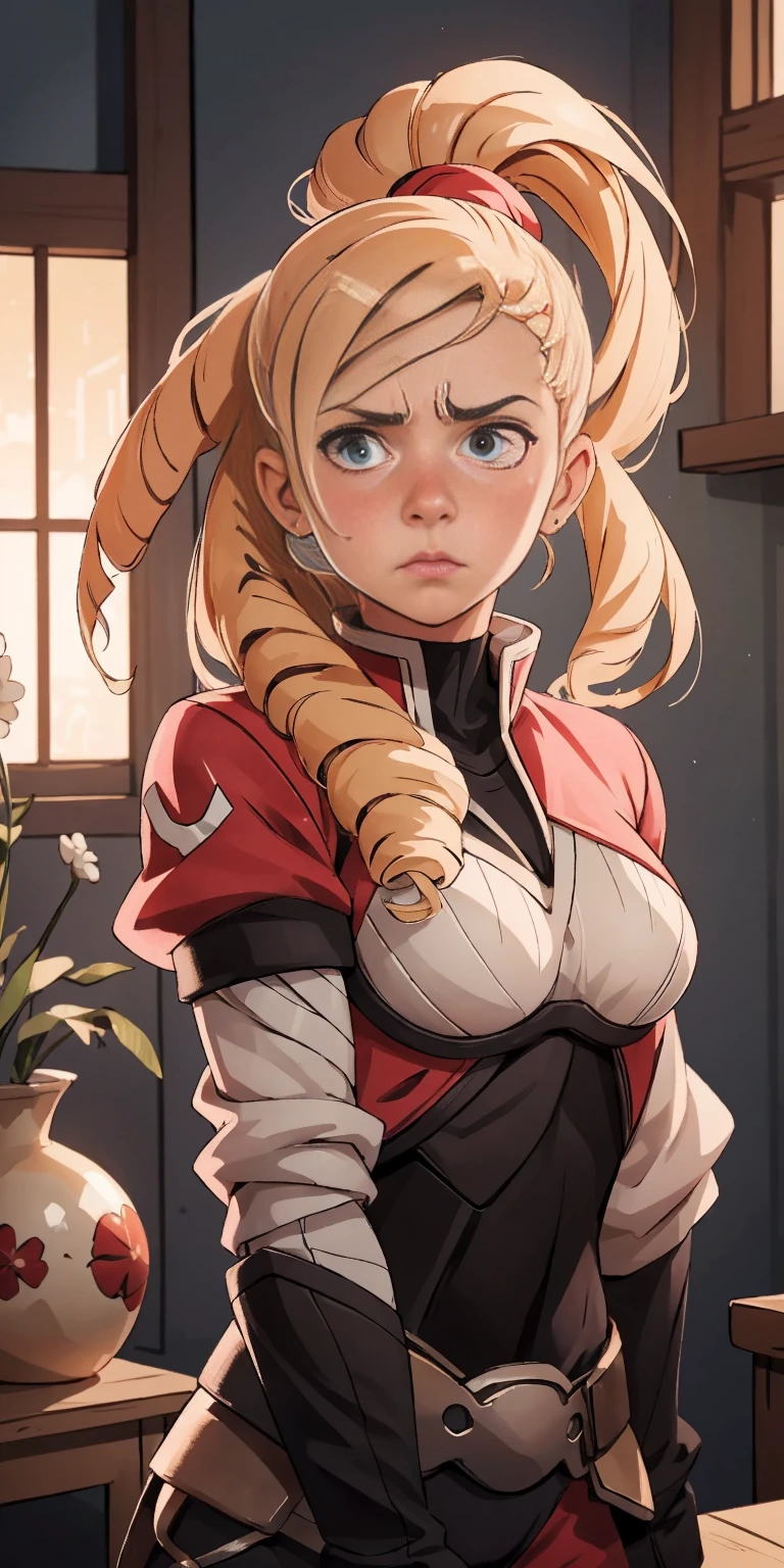 (Ino Yamanaka), blue eyes, long hair, blonde, which is always seen in a ponytail, hair with bangs, formerly small, covering much of her face, muscular, messy hair, huge breasts, standing up, sarashi white breast, sarashi, underboob, breasts bandages, arm bandages (insanely detailed, beautiful detailed face, masterpiece, best quality) volumetric lighting, tone mapping, (looking disgusted), konosuba, (((no errors))), ((well detailed)), (((extremely well done)))