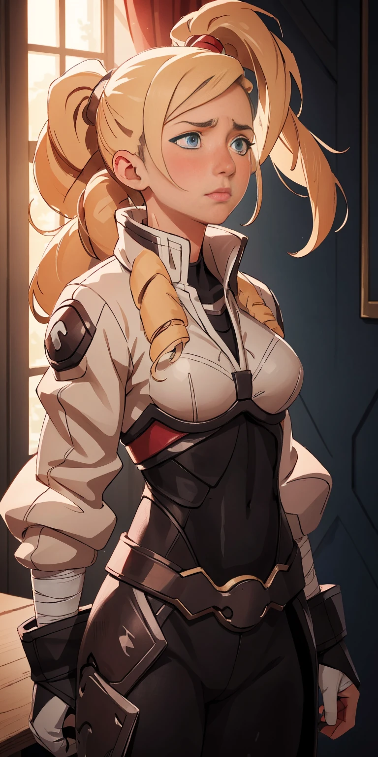 (Ino Yamanaka), blue eyes, long hair, blonde, which is always seen in a ponytail, hair with bangs, formerly small, covering much of her face, muscular, messy hair, huge breasts, standing up, sarashi white breast, sarashi, underboob, breasts bandages, arm bandages (insanely detailed, beautiful detailed face, masterpiece, best quality) volumetric lighting, tone mapping, (looking disgusted), konosuba, (((no errors))), ((well detailed)), (((extremely well done)))