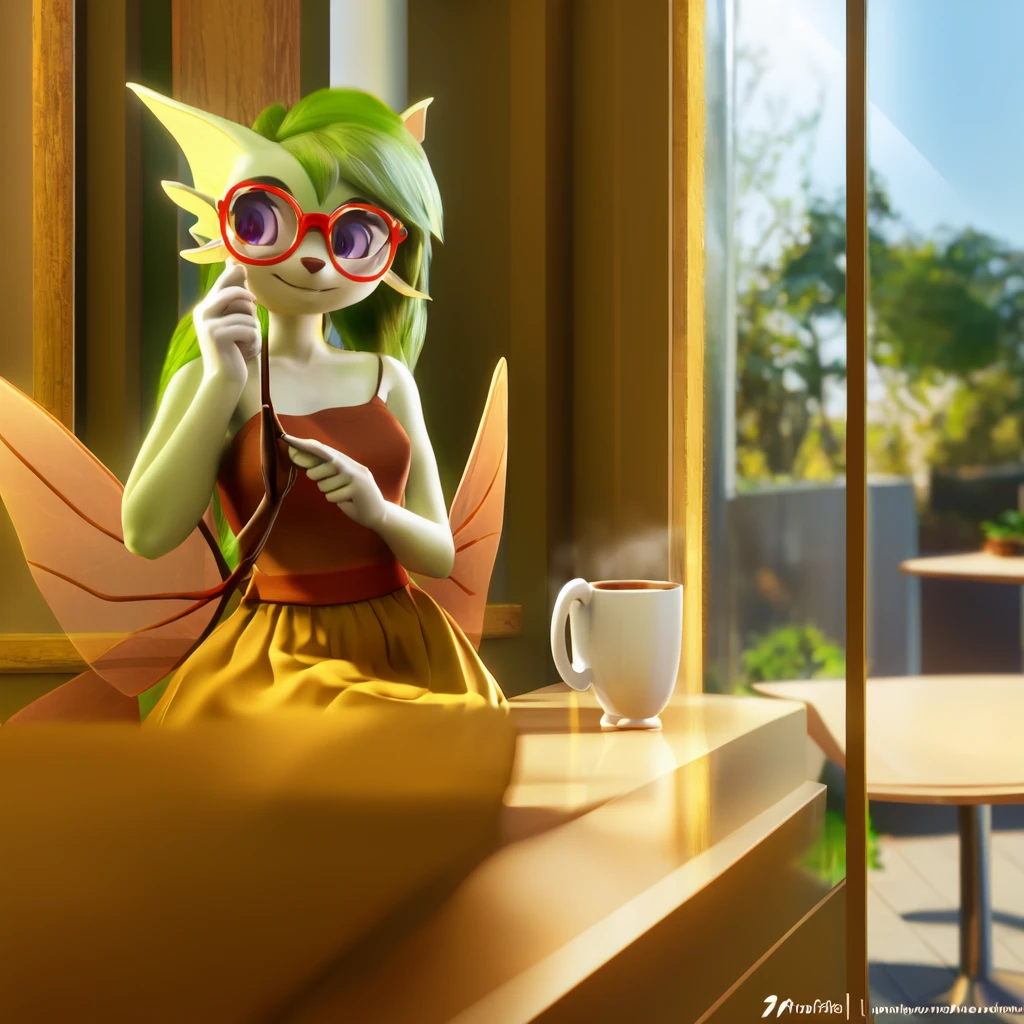 ((best quality)), ((masterpiece)), (detailed), perfect face, solo, anthro, mammal, , long hair, 3d (artwork), female, grey background, clothing, hi res, fur, background, clothed, digital media (artwork), celebi, smile, portrait, glasses, cafe, drinking coffee, window, photorealistic, fairy wings, fairy