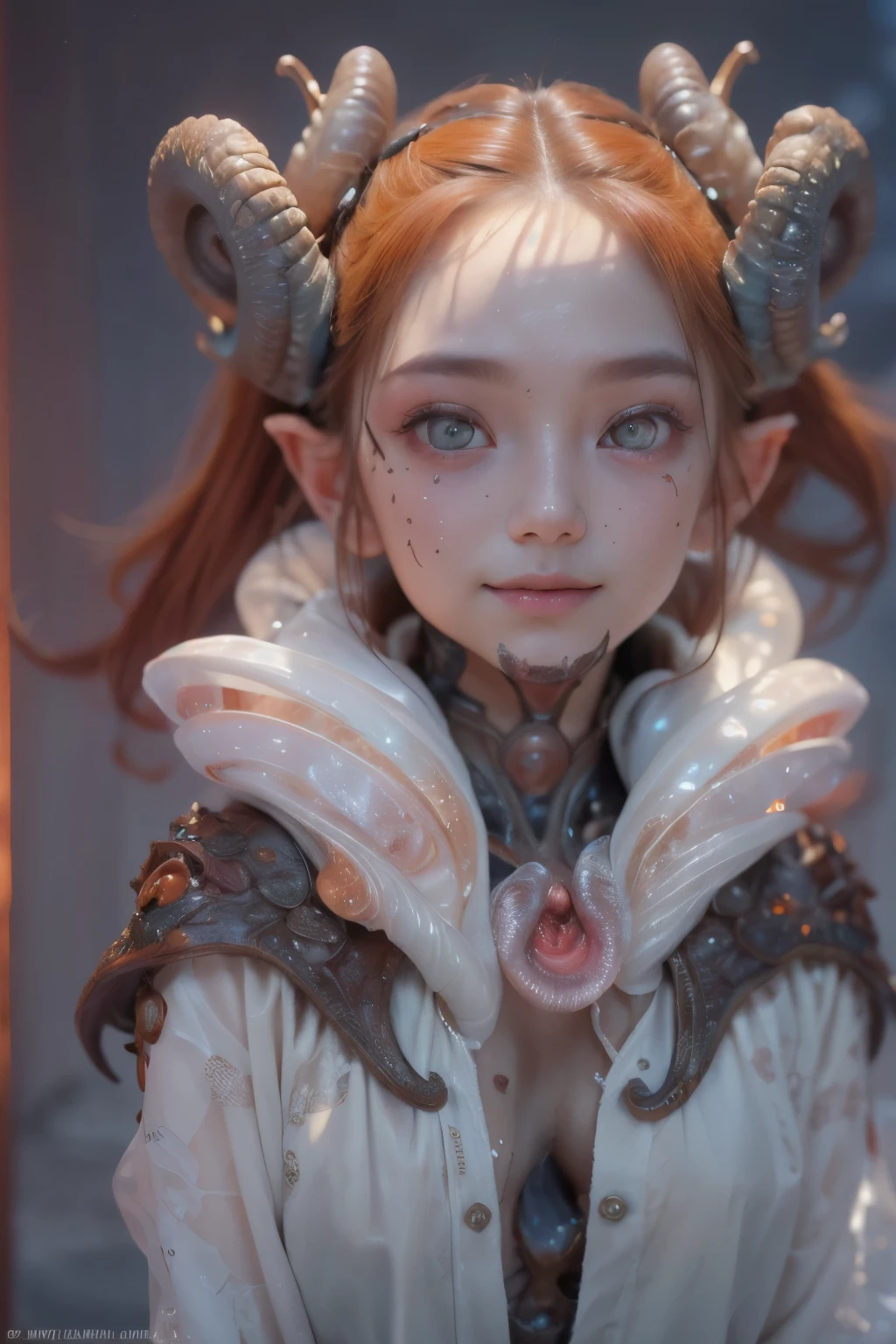 Portrait, (1 beautiful female alien:1.2), (There is a female genital-like organ in the middle of the forehead:1.8), (The most beautiful face in the history of the universe:1.2), (Scarlet eyes that shine mysteriously:1.6), (Translucent skin:1.8), an evil gaze that seduces, (red eyes:1.5), (large mouth:1.1), sharp teeth like a shark, Full body like, (bio luminescent:1.2), (Smile wickedly:1.3), (sexypose:1.5), alien, No humans, cells are fused, (Lots of translucent tentacles:1.1) (Translucent skin:1.3), extraterrestrial, cell, bio image, Best Quality, 8K,4K_quality, High Definition, Dramatic Lighting, masutepiece:1.5,cinematic quality, detail up, (Intricate details:1.2), High resolution, High Definition, drawing faithfully, (Thick eyebrows:1.2), Beautiful eyes with fine symmetry, (Ultra detailed eyes:1.2),(Highly detailed face and eyes:1.2), (High-resolution red-eye:1.4), Intimate face, (Super detailed skin quality feeling:1.4), Perfect Anatomy, (Beautiful toned body:1.5), (Moist skin:1.2), No makeup, (dark circles:1.1), long canines, cinematic drawing of characters, ultra high quality model, cinematic quality, detail up, (Intricate details:1.2), High resolution, High Definition, drawing faithfully, Official art, Unity 8K wall , 8K Portrait, Best Quality, Very High resolution, ultra detailed artistic photography, midnight aura, unreal enginee 5, Ultra Sharp Focus, art by alberto seveso, ArtGerm, Roisch, intricate artwork, best quality, masutepiece, ultra High resolution, (photos realistic:1.4), Ultra-realistic realism, dream-like, nautilus, Creation of fantasy, Snail, Dream Snail, (biopunk nautilus:1.3), Thrilling color schemes, Ultra-realistic realism, seductively smiling, Blue tentacles