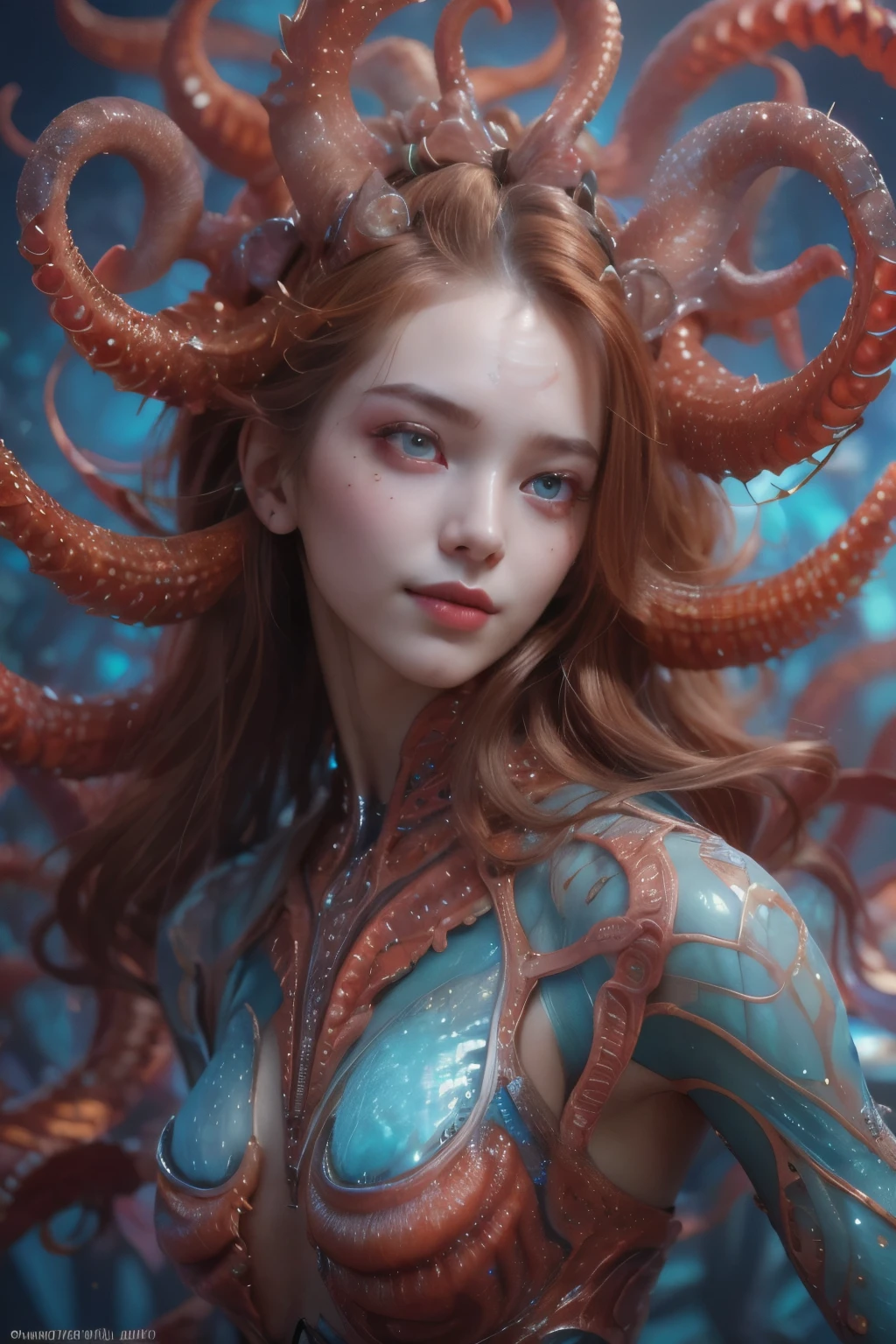 Portrait, (1 beautiful female alien:1.2),  (There is a female genital-like organ in the middle of the forehead:1.8), (The most beautiful face in the history of the universe:1.2), (Scarlet eyes that shine mysteriously:1.6), (Translucent skin:1.8), an evil gaze that seduces, (red eyes:1.5), (large mouth:1.1), sharp teeth like a shark, Full body like, (bio luminescent:1.2), (Smile wickedly:1.3),  (sexypose:1.5), alien, No humans, cells are fused, (Lots of translucent tentacles:1.1) (Translucent skin:1.3), extraterrestrial, cell, bio image, Best Quality, 8K,4K_quality, High Definition, Dramatic Lighting, masutepiece:1.5,cinematic quality, detail up, (Intricate details:1.2), High resolution, High Definition, drawing faithfully, (Thick eyebrows:1.2), Beautiful eyes with fine symmetry, (Ultra detailed eyes:1.2),(Highly detailed face and eyes:1.2), (High-resolution red-eye:1.4), Intimate face, (Super detailed skin quality feeling:1.4), Perfect Anatomy,  (Beautiful toned body:1.5),  (Moist skin:1.2), No makeup, (dark circles:1.1), long canines, cinematic drawing of characters, ultra high quality model, cinematic quality, detail up, (Intricate details:1.2), High resolution, High Definition, drawing faithfully, Official art, Unity 8K wall  , 8K Portrait, Best Quality, Very High resolution, ultra detailed artistic photography, midnight aura,  unreal enginee 5, Ultra Sharp Focus, art by alberto seveso, ArtGerm, Roisch, intricate artwork, best quality, masutepiece, ultra High resolution, (photos realistic:1.4), Ultra-realistic realism, dream-like,  nautilus, Creation of fantasy, Snail, Dream Snail,  (biopunk nautilus:1.3), Thrilling color schemes， Ultra-realistic realism， seductively smiling, Blue tentacles