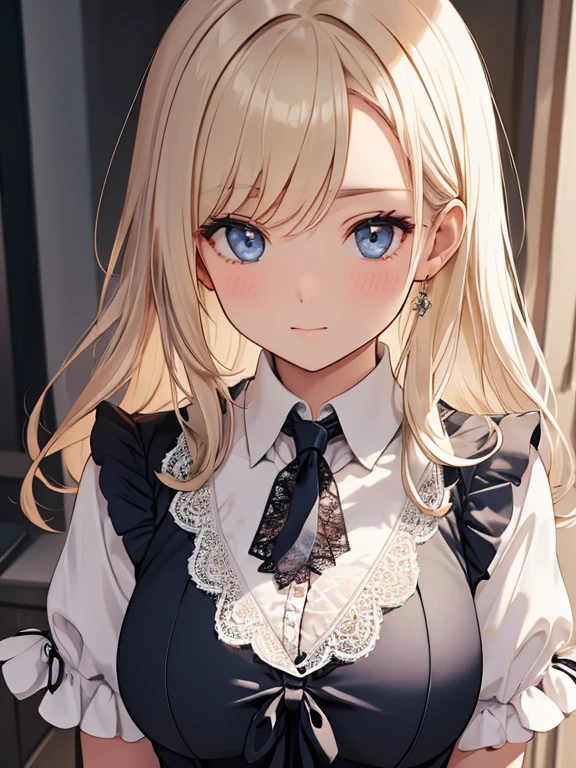 1woman, classy suit and dress shirt, (super delicate Ruffle tie with lots of lace :1.6) , blonde updo, resolute look, medium large breast, ultra detailed face, beautiful, charming, flashy hair, ultra translucent skin, blushed cheek