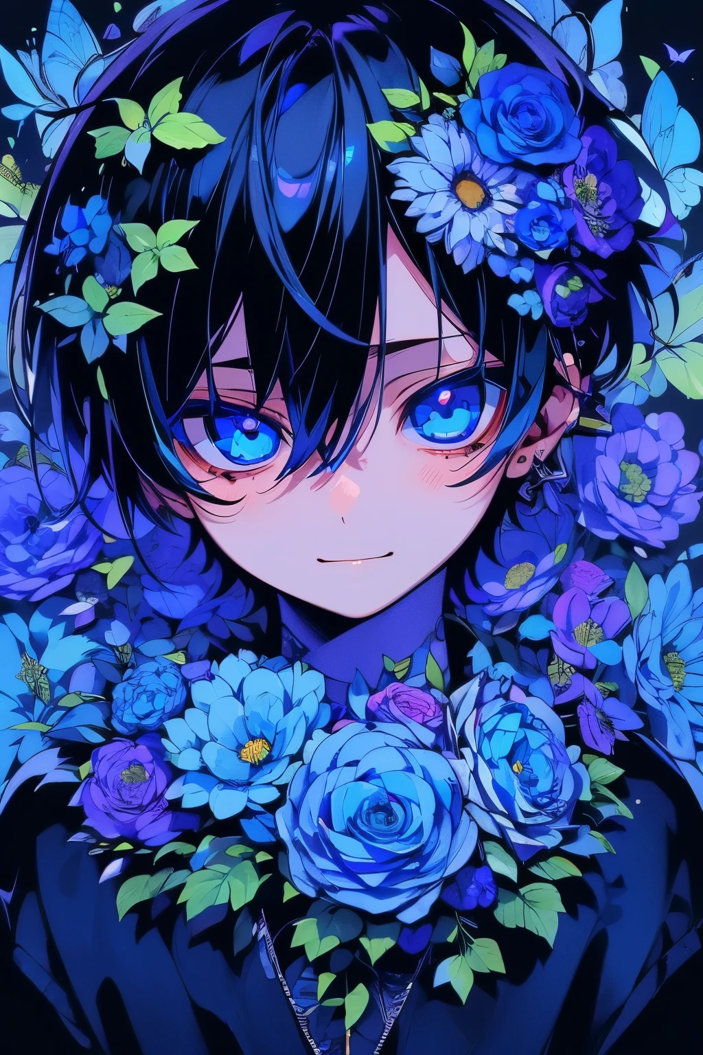 (masutepiece), (Best Quality), Highly detailed, One boy, Solo Focus,Perfect face, Beautiful face, extra detailed face,(A dark-haired:1.3),(blue eyess:1.3),florals,butterflys々,floralsびら,optic,a smile