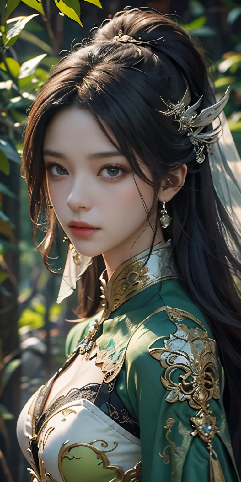(Close-up Shot Shot),Super close-up,A woman who is,Wearing a green dress,Cheng Weipan Art Station,Xiuxian sense of technology,Green vines,Gauze sleeves,detailed fantasy art,Stunning character art,Epic and refined character art,Beautiful armor,Extremely detailed artistic germination,Detailed digital anime art, Artgerm on the art station Pixiv,Armor Girl,Exquisite and intricate headwear and jewelry