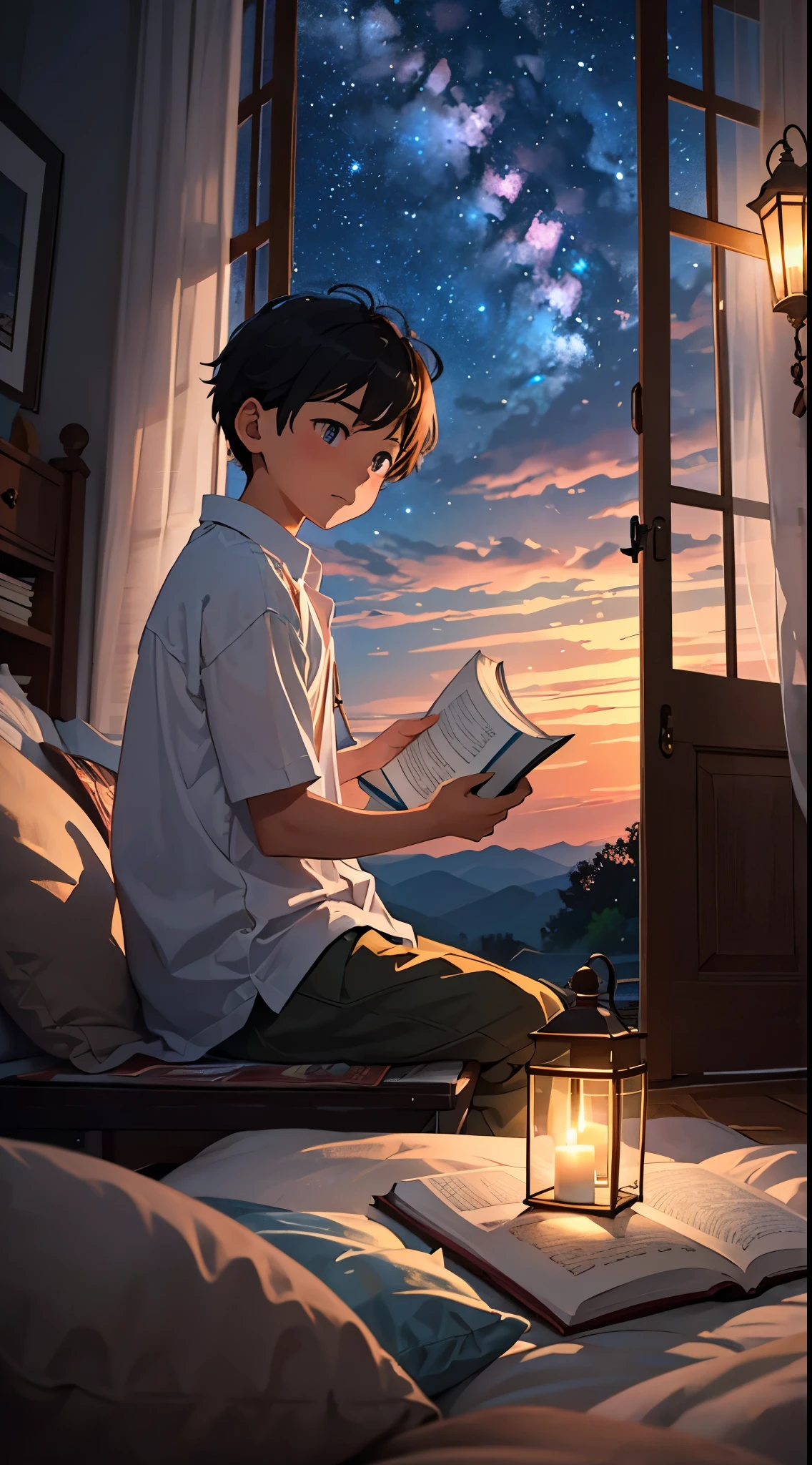 Craft a spellbinding image: a young boy engrossed in a book on a veranda bed, under a celestial sky adorned with radiant stars. Dive deep into the details — capture the subtle glow of the stars, the awe in the boy's eyes, and the gentle play of moonlight on the pages. Infuse the scene with the meticulous charm of anime, bringing each nuance to life through your AI's artistic lens