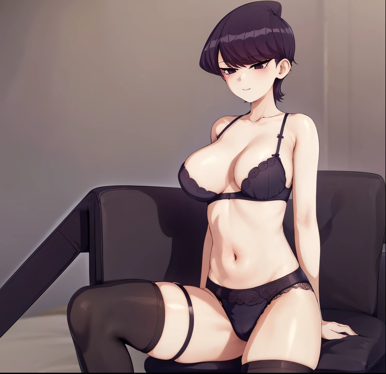 pixel-Komi-Shuuko, 1girl, alone, busty, garter belt, black thighhighs, sitting in bed, sexy black lingerie, leaning towards viewer, seductive, masterpiece, best quality , good anatomy, good hands,large breasts, medium waist, wide hips, medium thighs