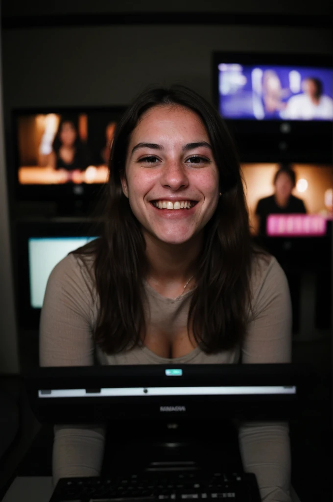 A female social worker having fun in a dark room surrounded by computer screens, poor quality photo, blurry, (smiling:0.5), (soft lighting, high detailed skin:1.1)