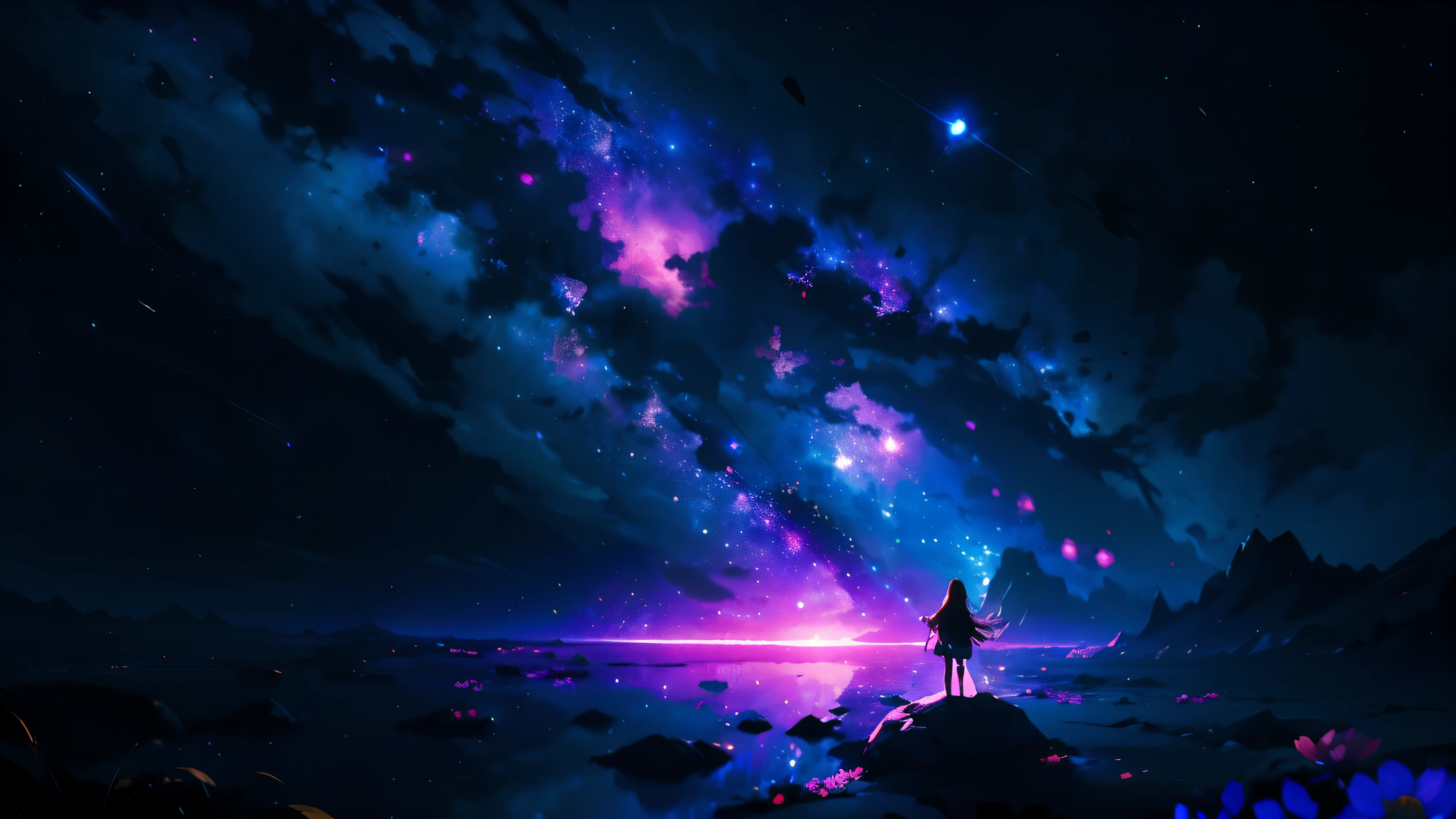 4K scenery, Beautiful stars background, looks like a dream, sky looking Extremely beautiful, Hyper-Resolution, perfect litthing, Dark space, space photo, Extremely beautiful, The world of dreams, girl standing on flowers, look at sky, dark ambiance, Perfect color grading, a planet in the sky