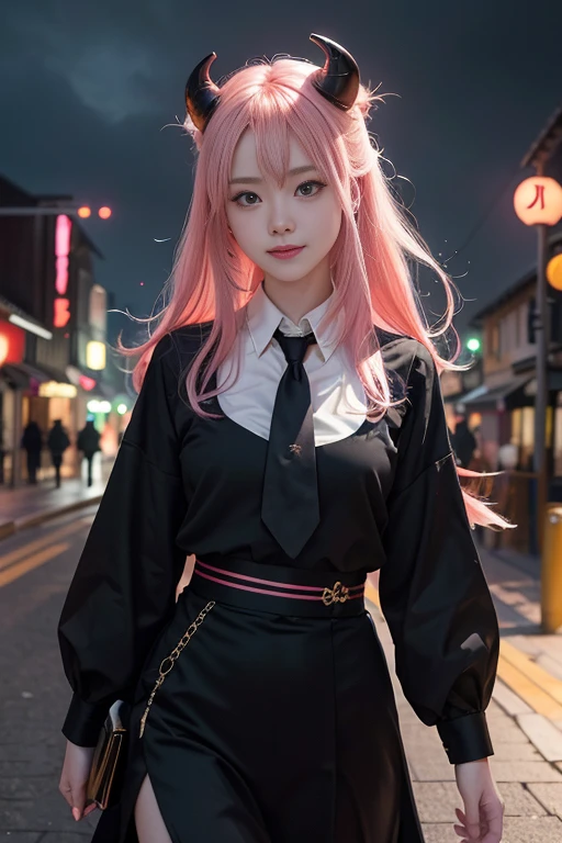 1 girl, Pink Long Hair, Red Horn, blouse with a white collar, black necktie, light  smile, yellow-eyed, medium burn_strength,, buildings,stores,Town streets, Gloomy sky, scenecy,neonlight,nightcity, Japanese lyrics,, , absurd res, 詳細な目, The is very detailed, Volumetriclighting, actual, actual lighting, 8K, 电影灯光, depth of fields, perfect pubic, ultra - detailed, photoactual, ultra actual, actual light, hard lighting, Complicated details, stop motion, Tone-mapping, Focus sharp, ultra - detailed,