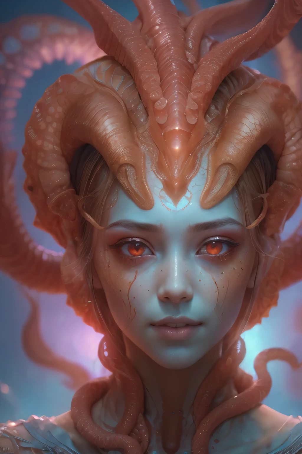 Portrait, (1 beautiful female alien:1.2), (There is a female genital-like organ in the middle of the forehead:1.8), (The most beautiful face in the history of the universe:1.2), (Scarlet eyes that shine mysteriously:1.6), (Translucent skin:1.8), an evil gaze that seduces, (red eyes:1.5), (large mouth:1.1), sharp teeth like a shark, Full body like, (bio luminescent:1.2), (Smile wickedly:1.3), (sexypose:1.5), alien, No humans, cells are fused, (Lots of translucent tentacles:1.1) (Translucent skin:1.3), extraterrestrial, cell, bio image, Best Quality, 8K,4K_quality, High Definition, Dramatic Lighting, masutepiece:1.5,cinematic quality, detail up, (Intricate details:1.2), High resolution, High Definition, drawing faithfully, (Thick eyebrows:1.2), Beautiful eyes with fine symmetry, (Ultra detailed eyes:1.2),(Highly detailed face and eyes:1.2), (High-resolution red-eye:1.4), Intimate face, (Super detailed skin quality feeling:1.4), Perfect Anatomy, (Beautiful toned body:1.5), (Moist skin:1.2), No makeup, (dark circles:1.1), long canines, cinematic drawing of characters, ultra high quality model, cinematic quality, detail up, (Intricate details:1.2), High resolution, High Definition, drawing faithfully, Official art, Unity 8K wall , 8K Portrait, Best Quality, Very High resolution, ultra detailed artistic photography, midnight aura, unreal enginee 5, Ultra Sharp Focus, art by alberto seveso, ArtGerm, Roisch, intricate artwork, best quality, masutepiece, ultra High resolution, (photos realistic:1.4), Ultra-realistic realism, dream-like, nautilus, Creation of fantasy, Snail, Dream Snail, (biopunk nautilus:1.3), Thrilling color schemes, Ultra-realistic realism, seductively smiling, Blue tentacles