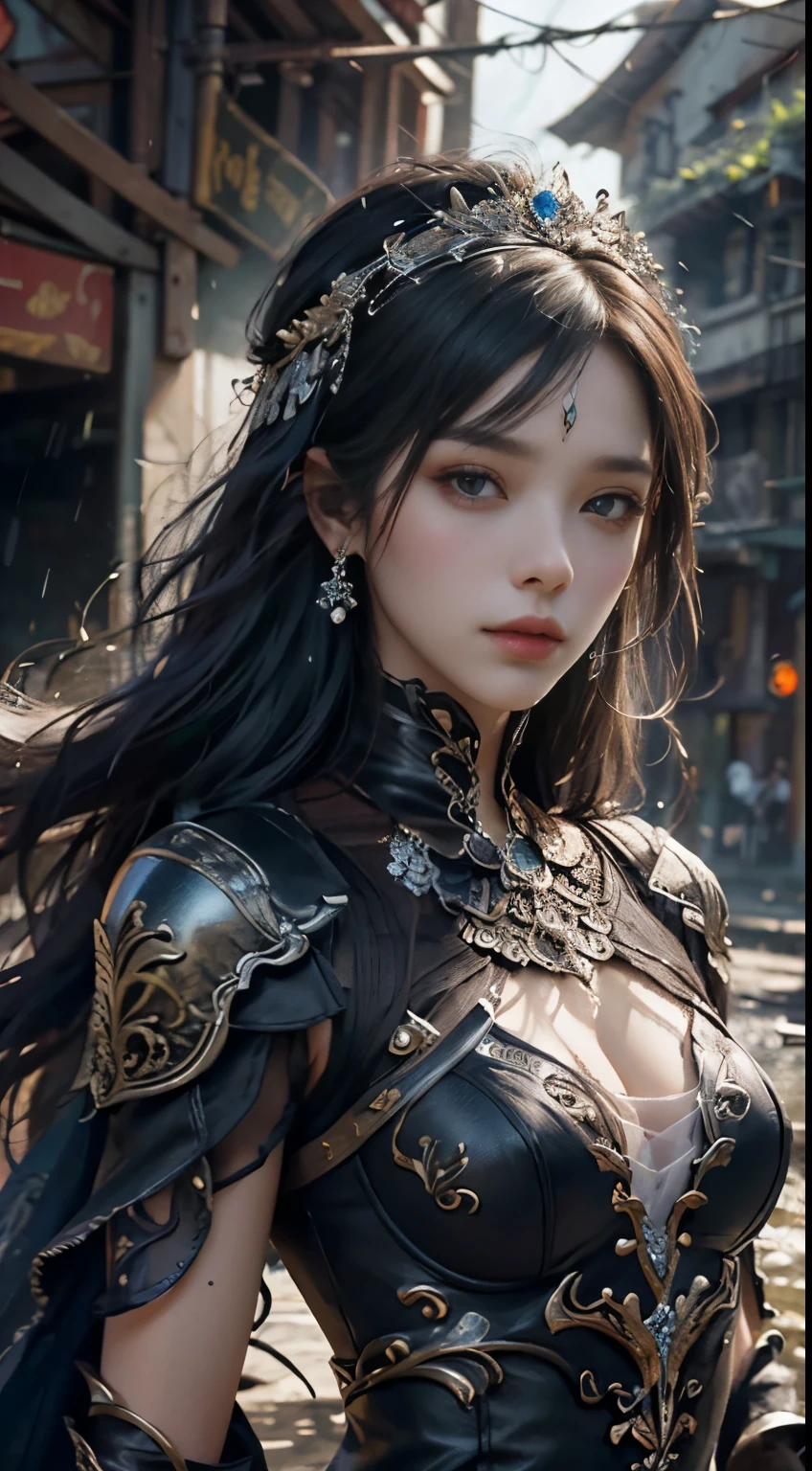 a woman in a black dress, realistic Art Station, hard raining scene, Detailed Fantasy Art, Stunning Character Art, beautiful Exquisite Character Art, Beautiful black Armor, Extremely Detailed, black armor Girl, Exquisite Intricate Headdress and Jewelry, whole body capture