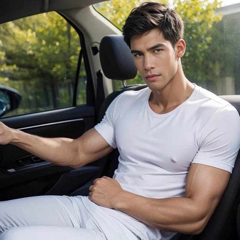 Belami Kris Evams, Fed man in shirt sitting in car, Andrés Ríos, professional, 40 age,  professional picture, Very, very high quality pictures