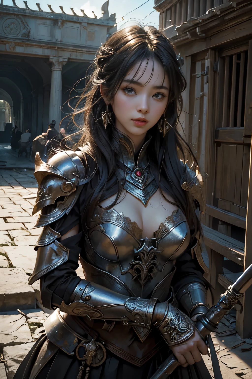 (masterpiece, top quality, best quality, official art, beautiful and aesthetic:1.2), (1girl:1.3), hot Japanese girl, pornstar face, dark brown hair in a tight bun, extremely detailed, portrait, looking at viewer, solo, (full body:0.6), detailed background, close up, (warm summer Feudal Japan theme:1.1), samurai, charlatan, mysterious, standing in a garden, samurai armor, samurai helmet, crest, pauldrons, hip armor, breastplate, greaves, bracers, gloves, katana, banner, metal, black leather, breeches, leggings, loose pants, bracers, armor, gauntlets, boots, buckles, straps, ((((gigantic breasts)))), slim waist, slim hips, long legs, sunset, Feudal Japan, Mount Fuji, (Japanese garden exterior:1.1) background, dark mysterious lighting, shadows, magical atmosphere, dutch angle,masterpiece, best quality, 1girl, solo, brown eyes, red lips, gold necklace,apple in hand, red headband
