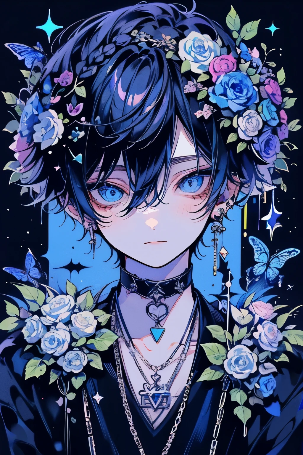 (masutepiece), (Best Quality), Highly detailed, One boy, Solo Focus,Perfect face, Beautiful face, extra detailed face,(A dark-haired:1.3),(blue eyess:1.3),florals,butterflys々,floralsびら,optic,a smile