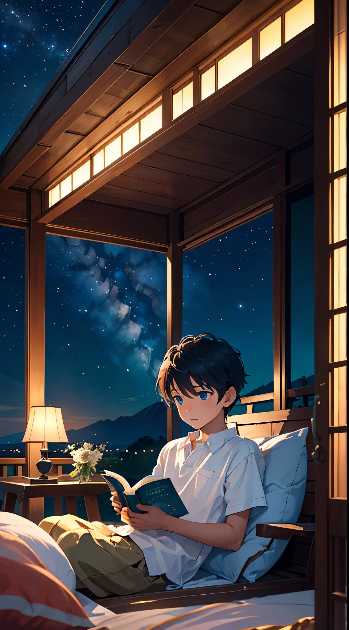 Craft a spellbinding image: a  boy engrossed in a book on a veranda bed, under a celestial sky adorned with radiant stars. Dive deep into the details — capture the subtle glow of the stars, the awe in the boy's eyes, and the gentle play of moonlight on the pages. Infuse the scene with the meticulous charm of anime, bringing each nuance to life through your AI's artistic lens