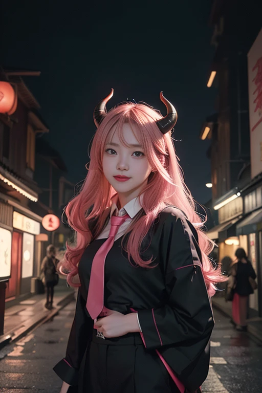 1 girl, Pink Long Hair, Red Horn, blouse with a white collar, black necktie, light  smile, yellow-eyed, medium burn_strength,, buildings,stores,Town streets, Gloomy sky, scenecy,neonlight,nightcity, Japanese lyrics,, , absurd res, 詳細な目, The is very detailed, Volumetriclighting, actual, actual lighting, 8K, 电影灯光, depth of fields, perfect pubic, ultra - detailed, photoactual, ultra actual, actual light, hard lighting, Complicated details, stop motion, Tone-mapping, Focus sharp, ultra - detailed,