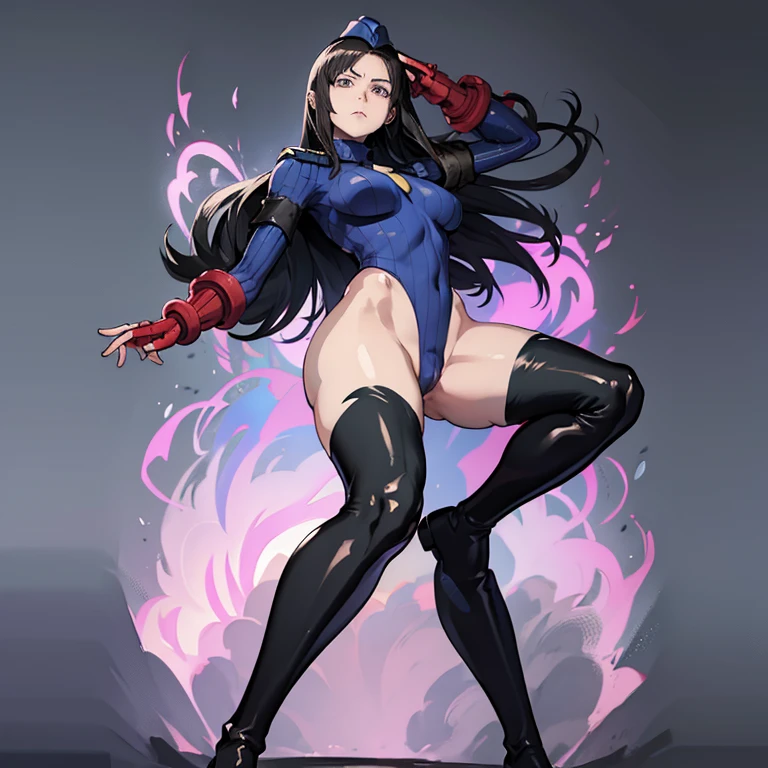 ultra-detailed, Explicit, Beautiful body, Beautiful Nose, Beautiful character design, perfect eyes, perfect face, ultra highres, 4K, beautiful legs, perfect legs, Nice hands, Perfect hand, Masterpiece, Best Quality, Highly detailed, illustration, absurdres, street fighter, doll suit, shadaloo doll, dollsuit, expressionless, blank eyes, looking at viewer, red gloves, emotionless, black latex, corrution, mind control, female combatant, full body, hypnotized, unhappy trance, full body suit, ribbed bodysuit, both arms at side, obey, perfect female body, extremely glossy latex, hypnosis, hypnoLora, empty eyes, Mind control device, poses, submissive_pose, Slave, hat, necktie, stand up straight, standing, standing at attention, hat, necktie, belt, latex, ribbed bodysuit, thighhighs, garter belt, Fighting Stance, extending the right arm from the shoulder into the air with a straightened hand, nazi saluting, military, military saluting, salute, thigh boots, 1girl, Kanamori Sayaka, Eizouken, very tall, black hair, long hair, black eyes