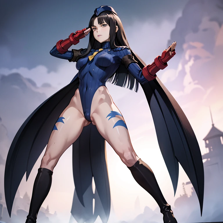 ultra-detailed, Explicit, Beautiful body, Beautiful Nose, Beautiful character design, perfect eyes, perfect face, ultra highres, 4K, beautiful legs, perfect legs, Nice hands, Perfect hand, Masterpiece, Best Quality, Highly detailed, illustration, absurdres, street fighter, doll suit, shadaloo doll, dollsuit, expressionless, blank eyes, looking at viewer, red gloves, emotionless, black latex, corrution, mind control, female combatant, full body, hypnotized, unhappy trance, full body suit, ribbed bodysuit, both arms at side, obey, perfect female body, extremely glossy latex, hypnosis, hypnoLora, empty eyes, Mind control device, poses, submissive_pose, Slave, hat, necktie, stand up straight, standing, standing at attention, hat, necktie, belt, latex, ribbed bodysuit, thighhighs, garter belt, Fighting Stance, extending the right arm from the shoulder into the air with a straightened hand, nazi saluting, military, military saluting, salute, thigh boots, 1girl, Kanamori Sayaka, Eizouken, very tall, black hair, long hair, black eyes