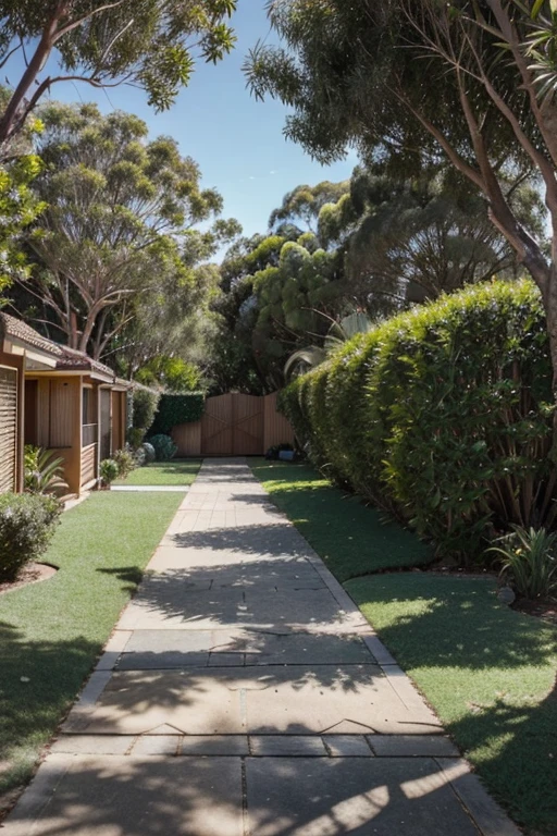 "Create a high-resolution, top-down satellite-style image of a typical Australian suburb. Include a variety of residential homes with red and gray tiled roofs, arranged in winding streets lined with eucalyptus trees and palms. Show well-manicured lawns and backyard pools glistening under the bright sun. Incorporate a central park with a playground, a small lake, and walking paths. The suburb should be surrounded by a mix of natural bushland and cultivated gardens. The overall color palette should reflect the earthy tones of the Australian landscape, with vibrant greens, deep blues, and sandy browns. Ensure the image captures the unique blend of modern living and nature that is characteristic of Australian suburban life."