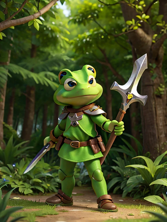 little humanoid frog warrior cute face big eyes with medieval armor and claymore sword in hand in enchanted forest fighting pose